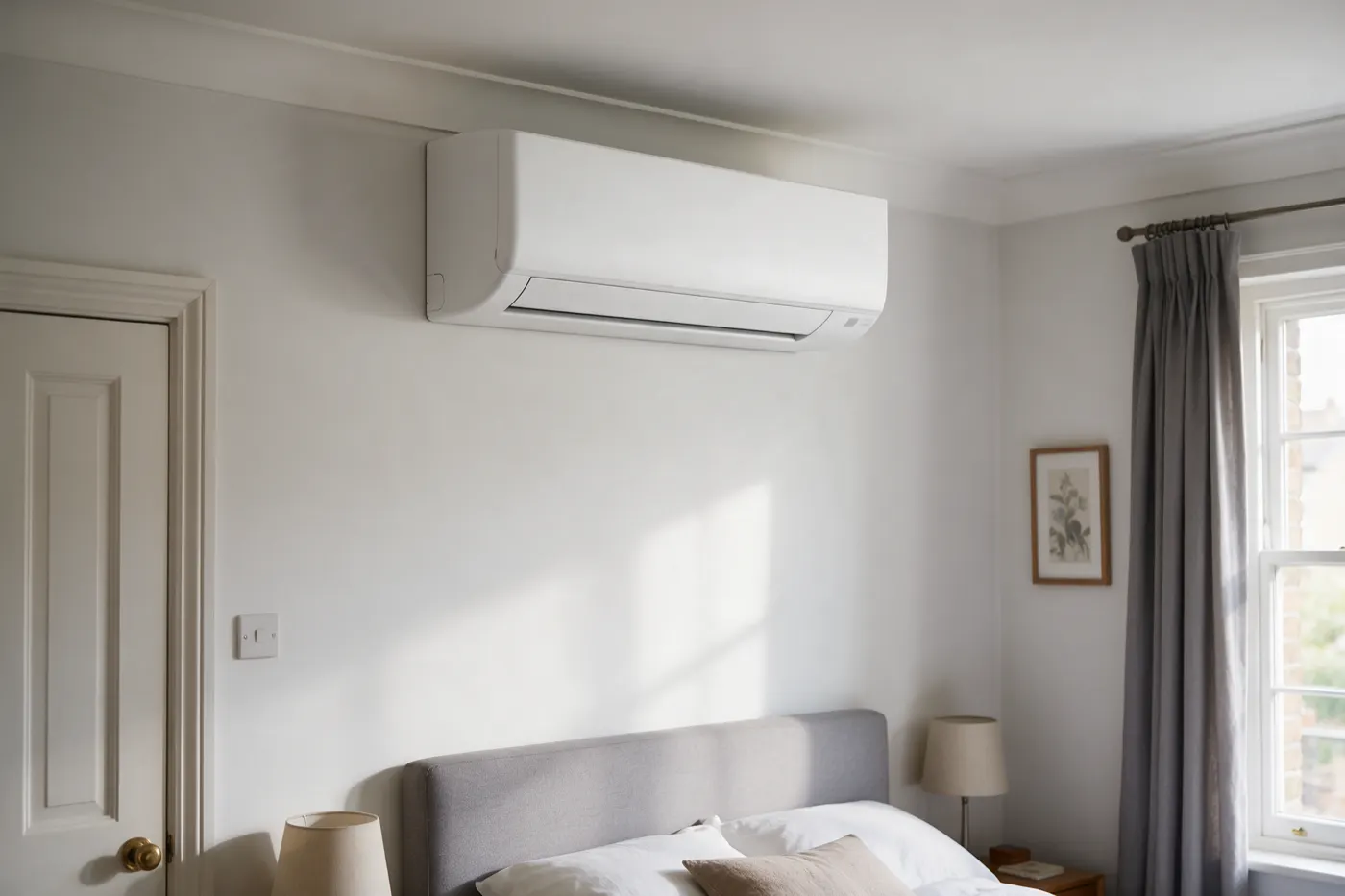A wall-mounted air conditioning unit in a bedroom