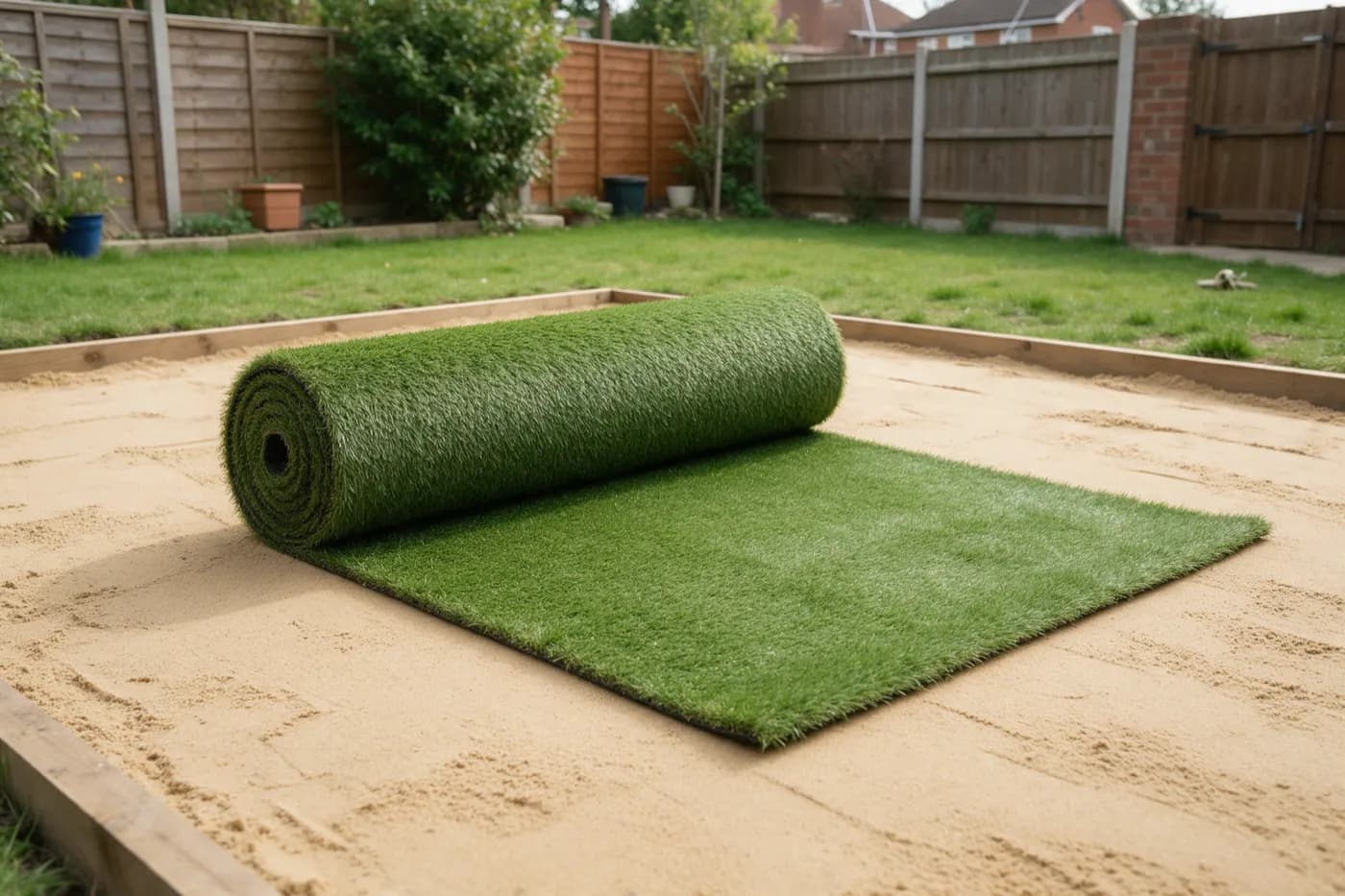 Artificial grass being rolled out over a levelled sand base