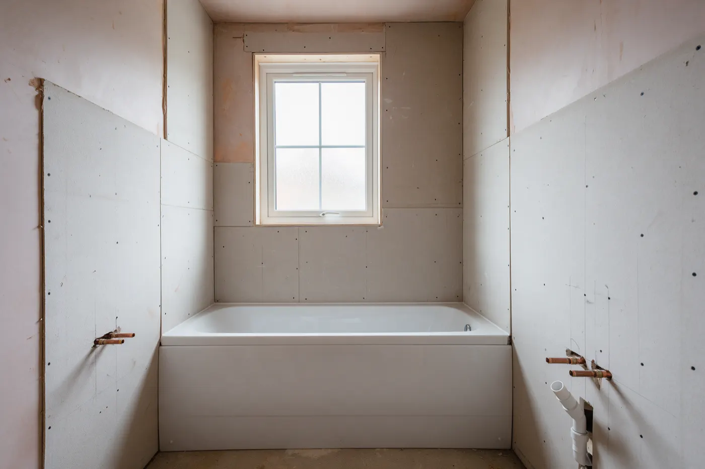 A bathroom stripped out for refitting, with new pipework and boarded walls