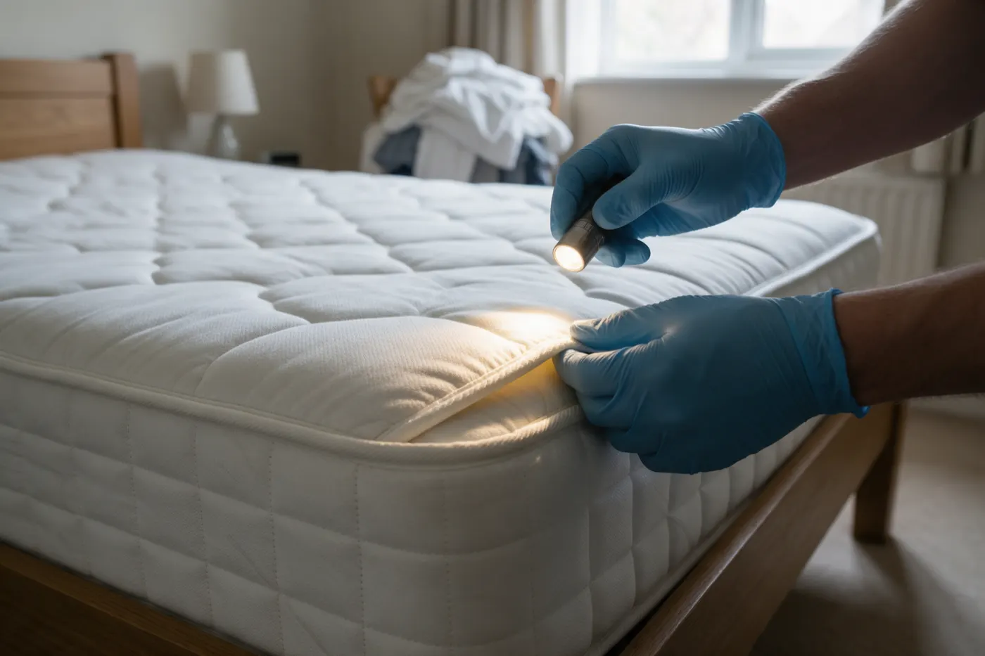 Two hands in blue disposable gloves checking the piped seam of a bare white mattress on a wooden bed frame, one lifting the edge of the seam and the other shining a small torch along it, with the bedding folded on a chair behind