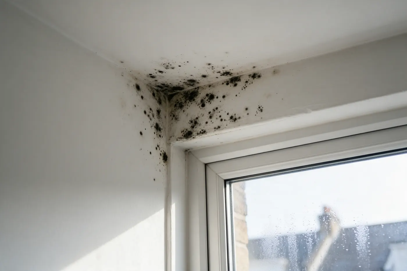 Black mould spots spreading across the white painted corner where an outside wall meets the ceiling, above a white uPVC window with condensation droplets on the glass and rooftops outside