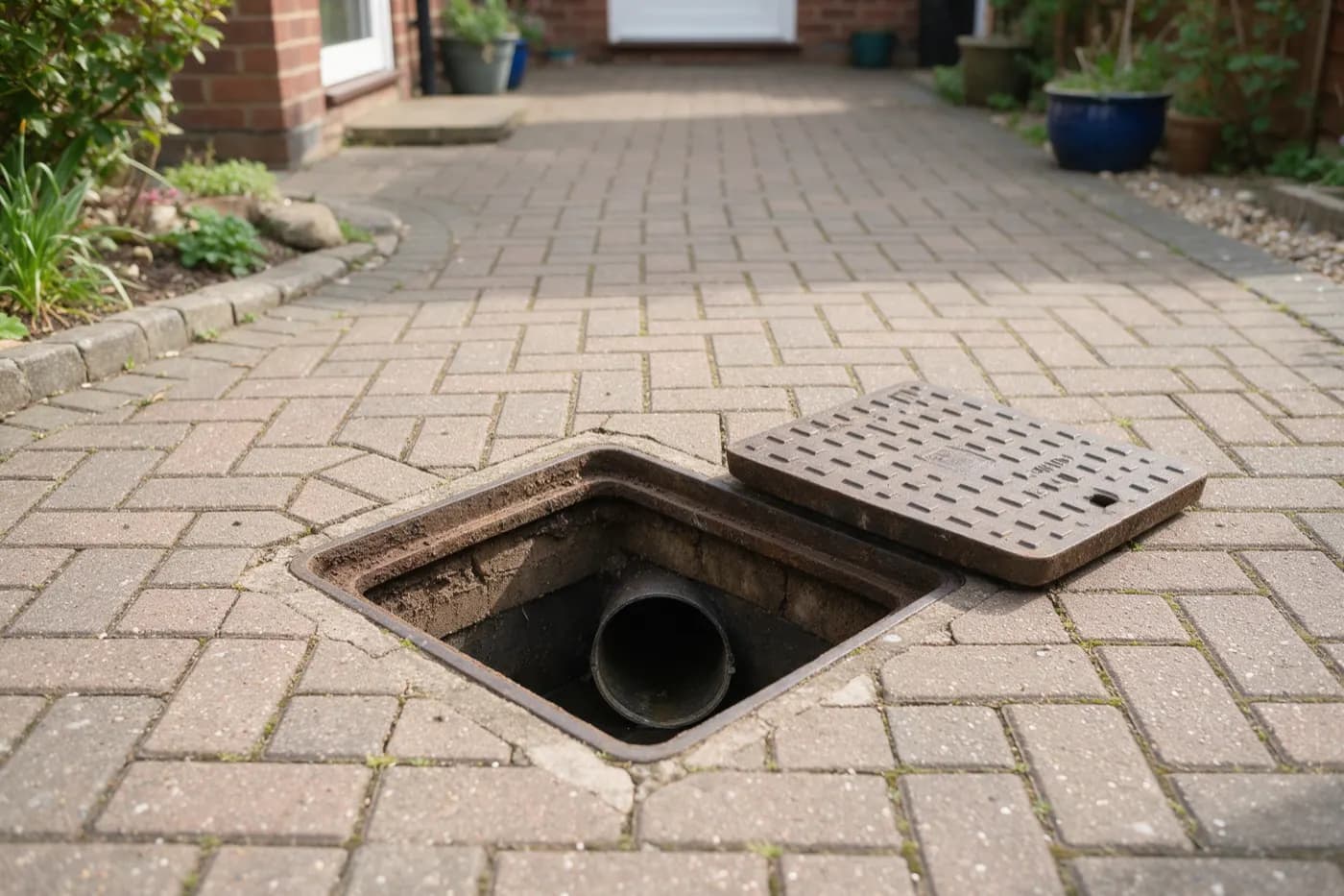 An open drain inspection chamber in a garden path