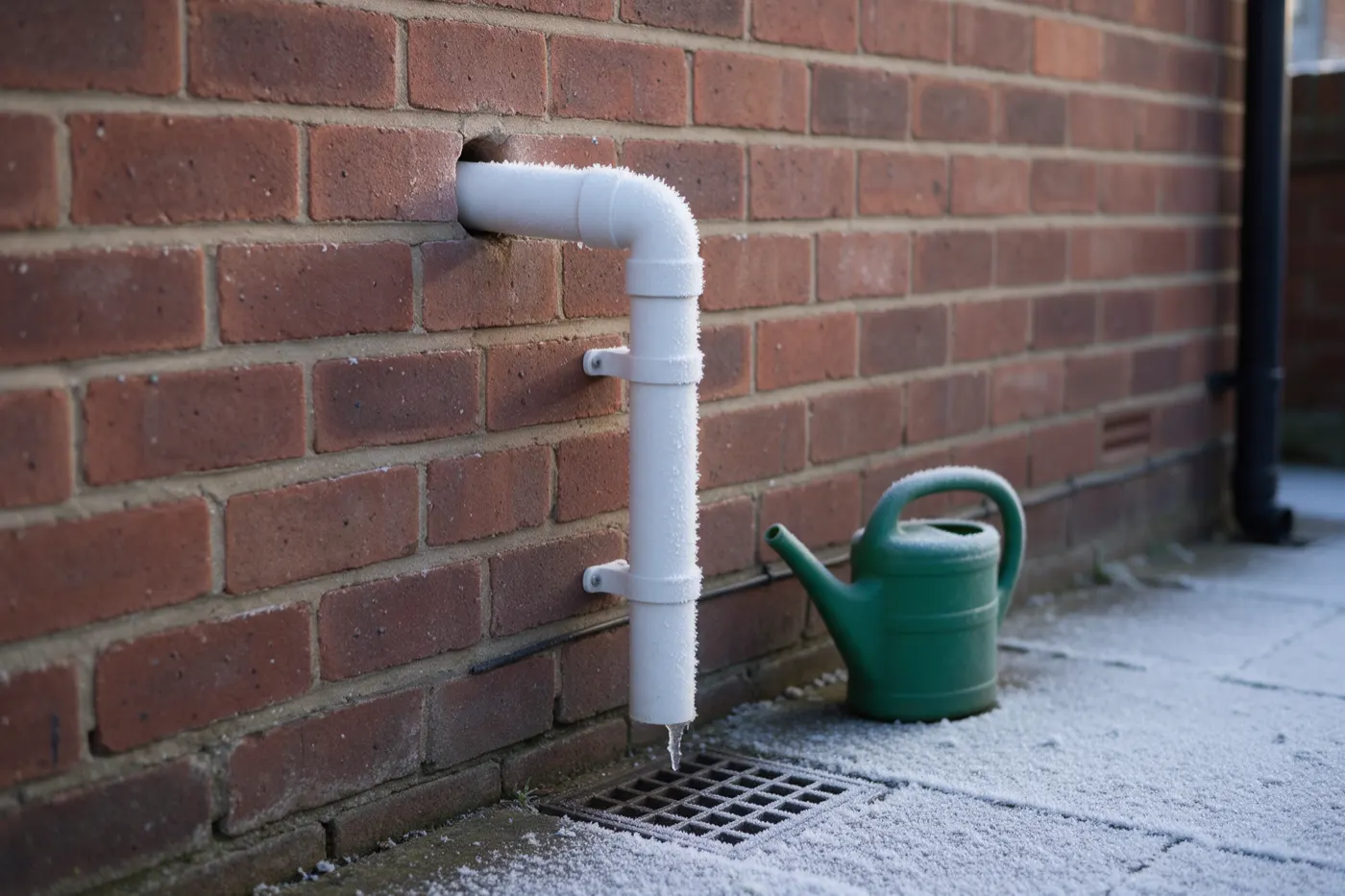 A white plastic boiler condensate pipe coming out of a red brick wall, turning down through one elbow and clipped to the bricks, covered in frost with a small icicle hanging from its end above a metal drain grid, and a green watering can on the frosty paving beside it