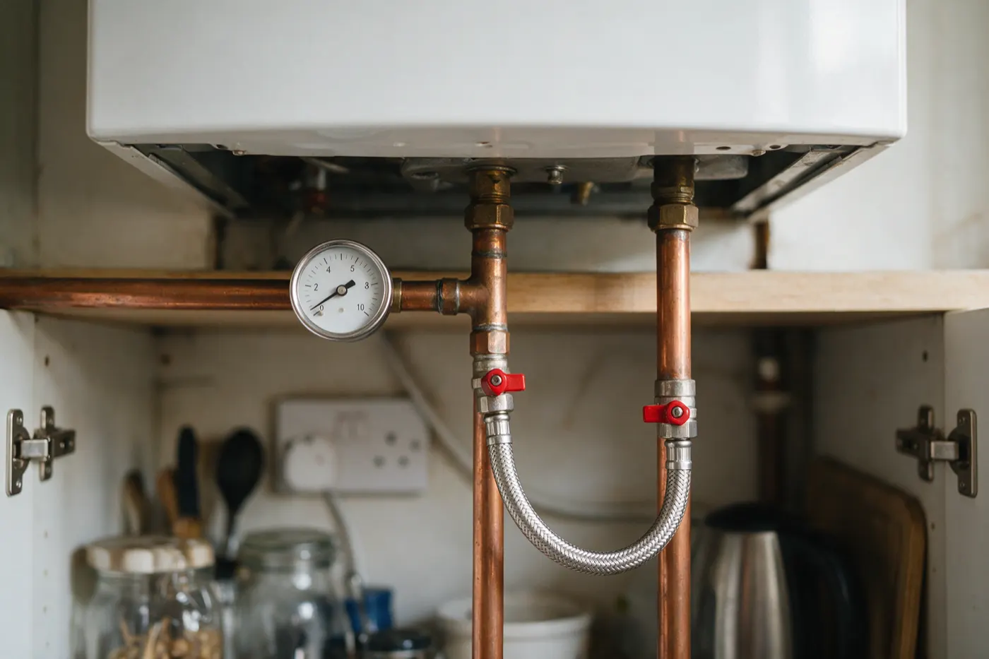 The pipes under a white combi boiler in a kitchen cupboard, with a pressure gauge reading just over 1 bar and a braided filling loop hose between two valves with red handles