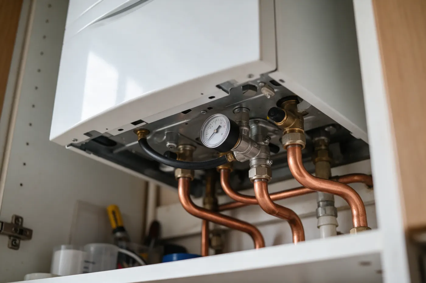 The underside of a combi boiler showing the pressure gauge and pipework