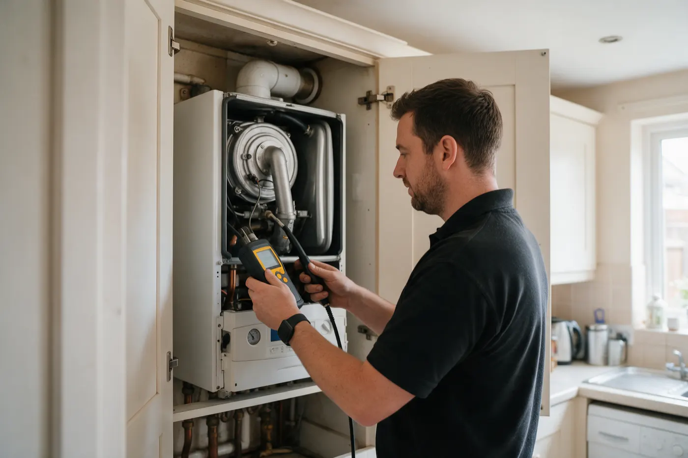 A heating engineer checking a boiler with its front cover off