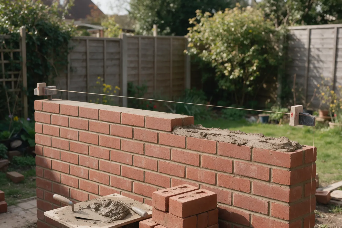 A new brick wall going up with a string line and mortar board