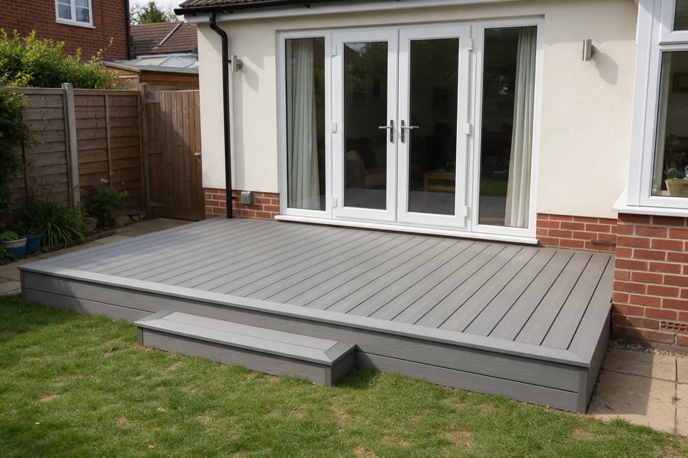 A grey composite deck with a step down to the lawn