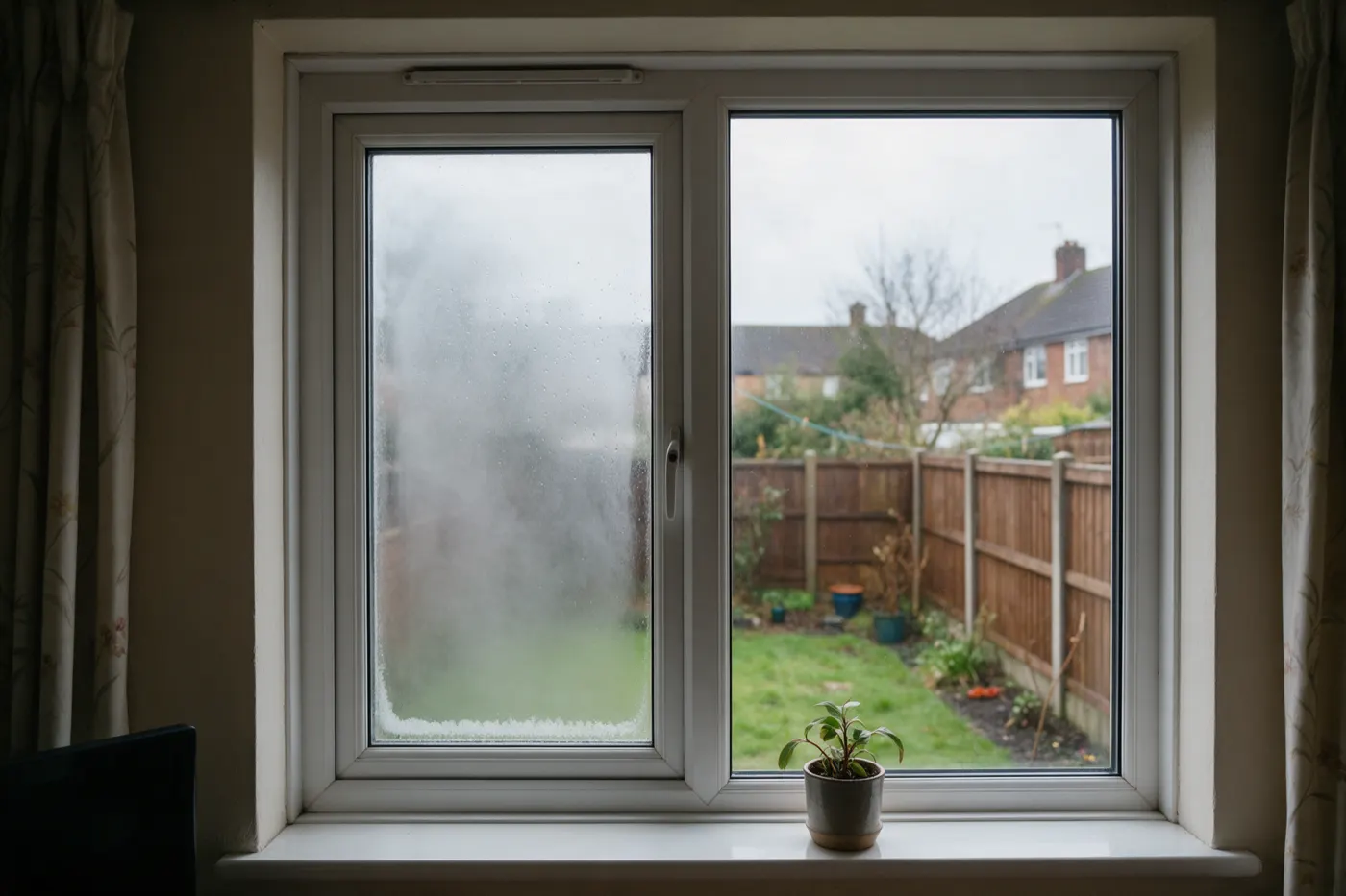 A white uPVC double-glazed window seen from inside a living room, the left pane clouded with grey mist and droplets trapped between the two panes of glass with a white tidemark along the bottom, the right pane clear, looking out over a lawn, a wooden fence and the backs of brick semi-detached houses on an overcast day