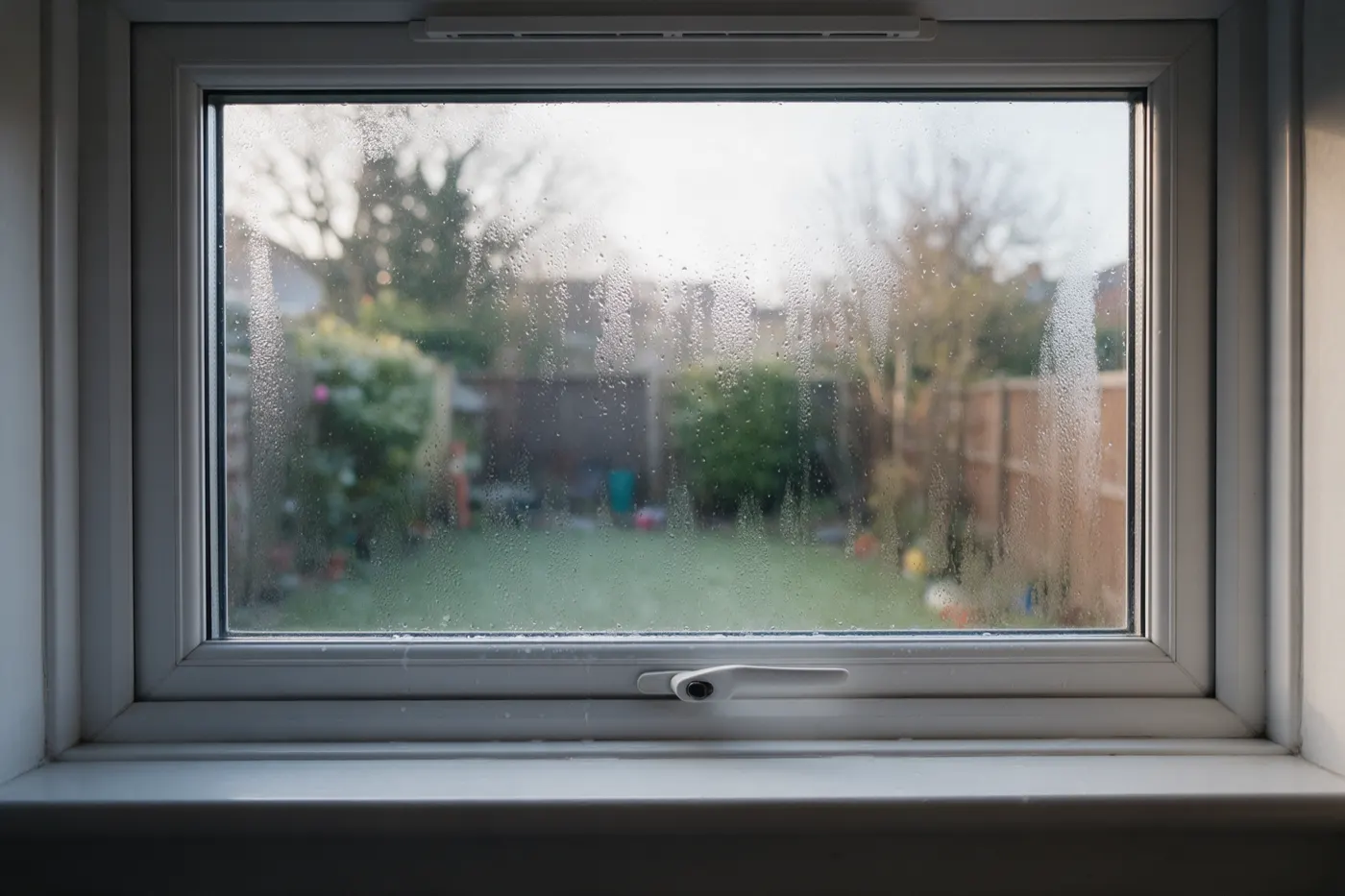 A white uPVC double-glazed window from inside on a cold morning, the glass covered in fine condensation droplets with a few drips running down, a trickle vent along the top of the frame and a blurred garden outside