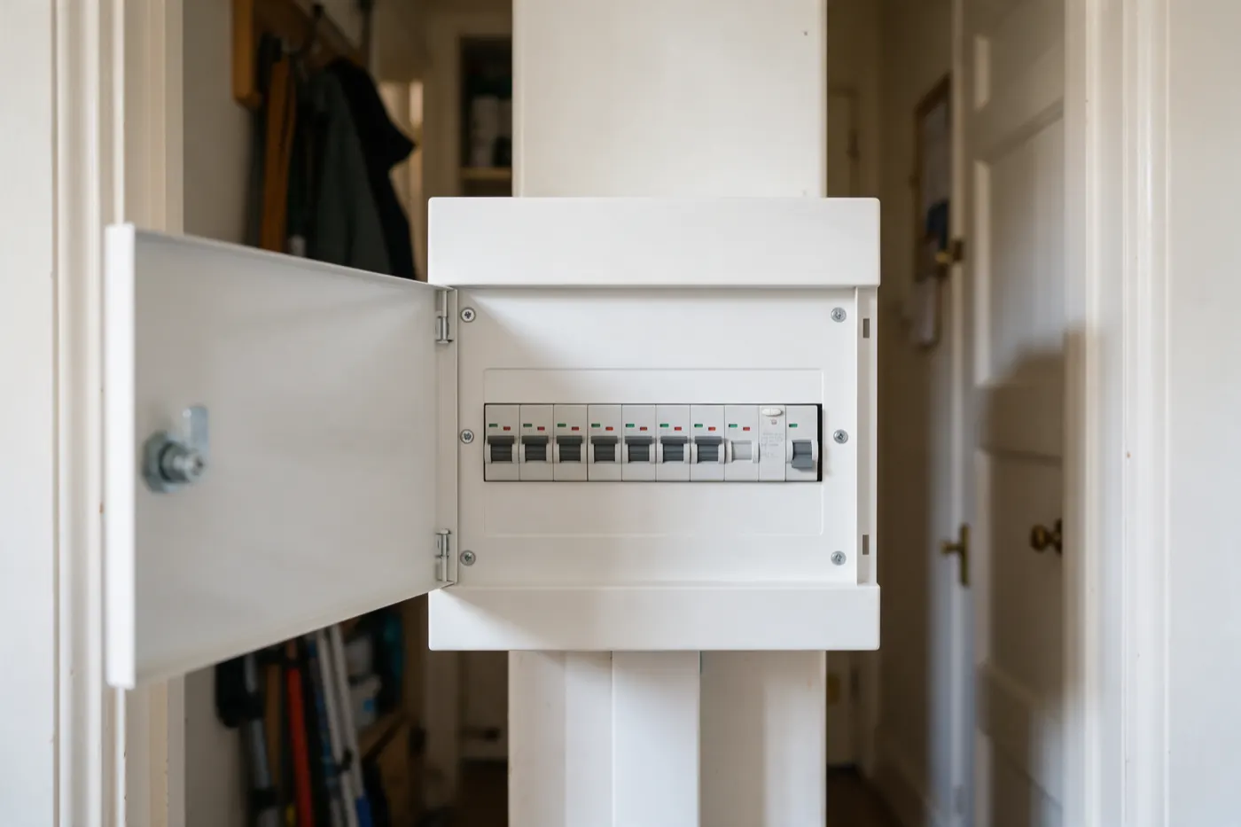 A new consumer unit with a row of circuit breakers, fitted in a cupboard