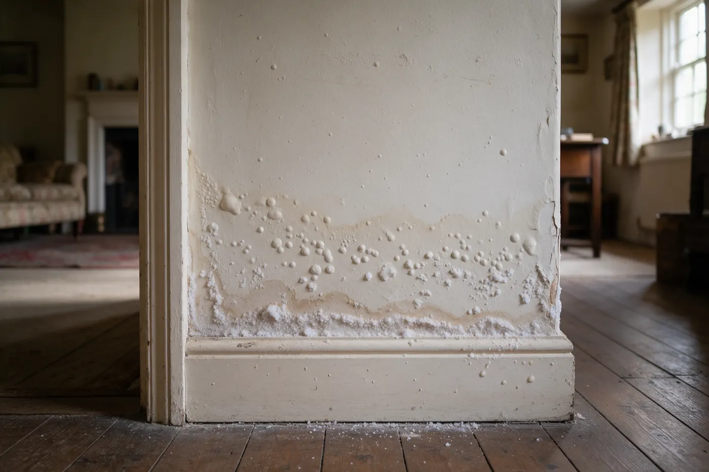 Bubbling paint and a tide mark low down on an inside wall