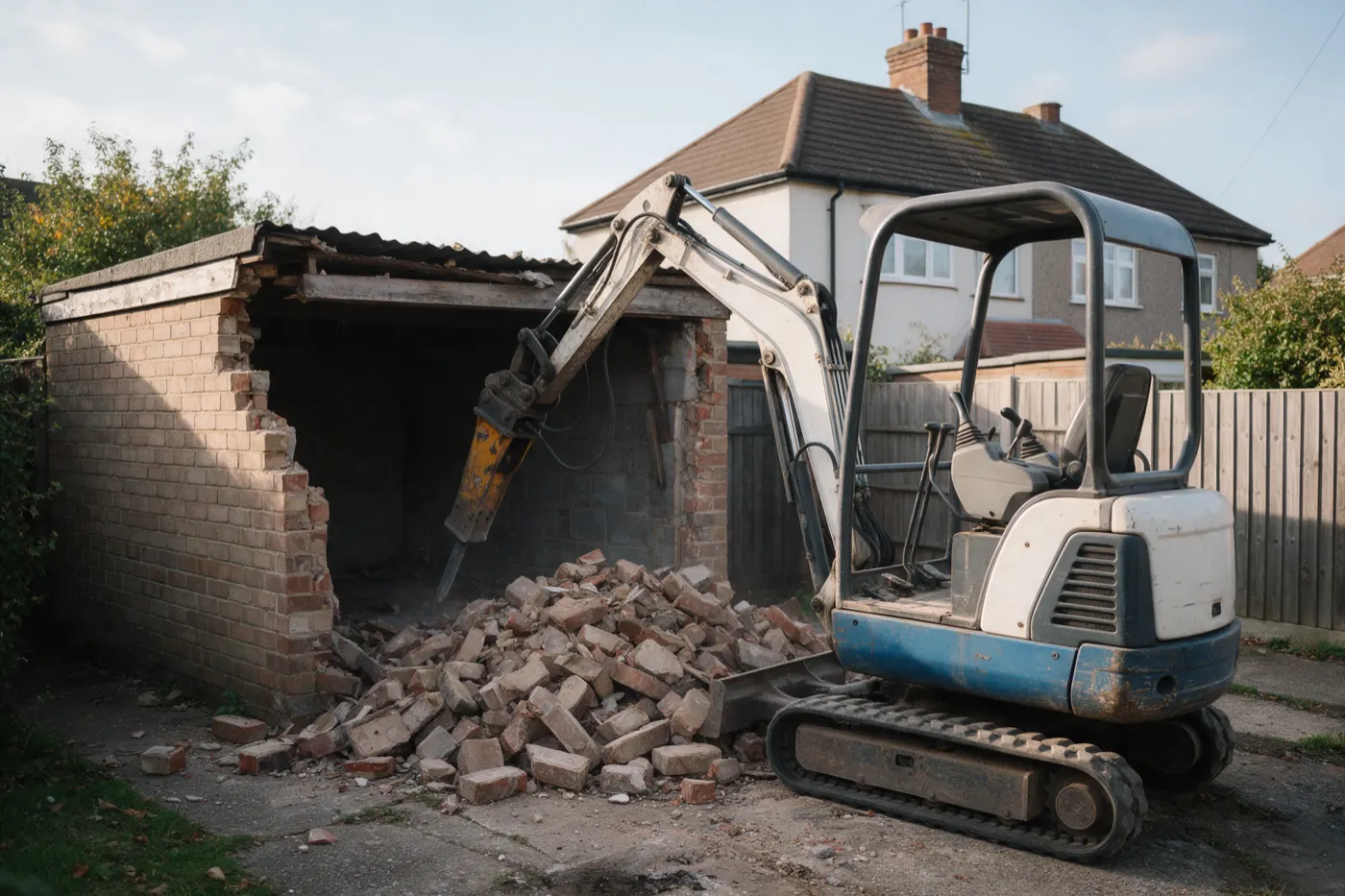 A mini digger knocking down an old brick garage