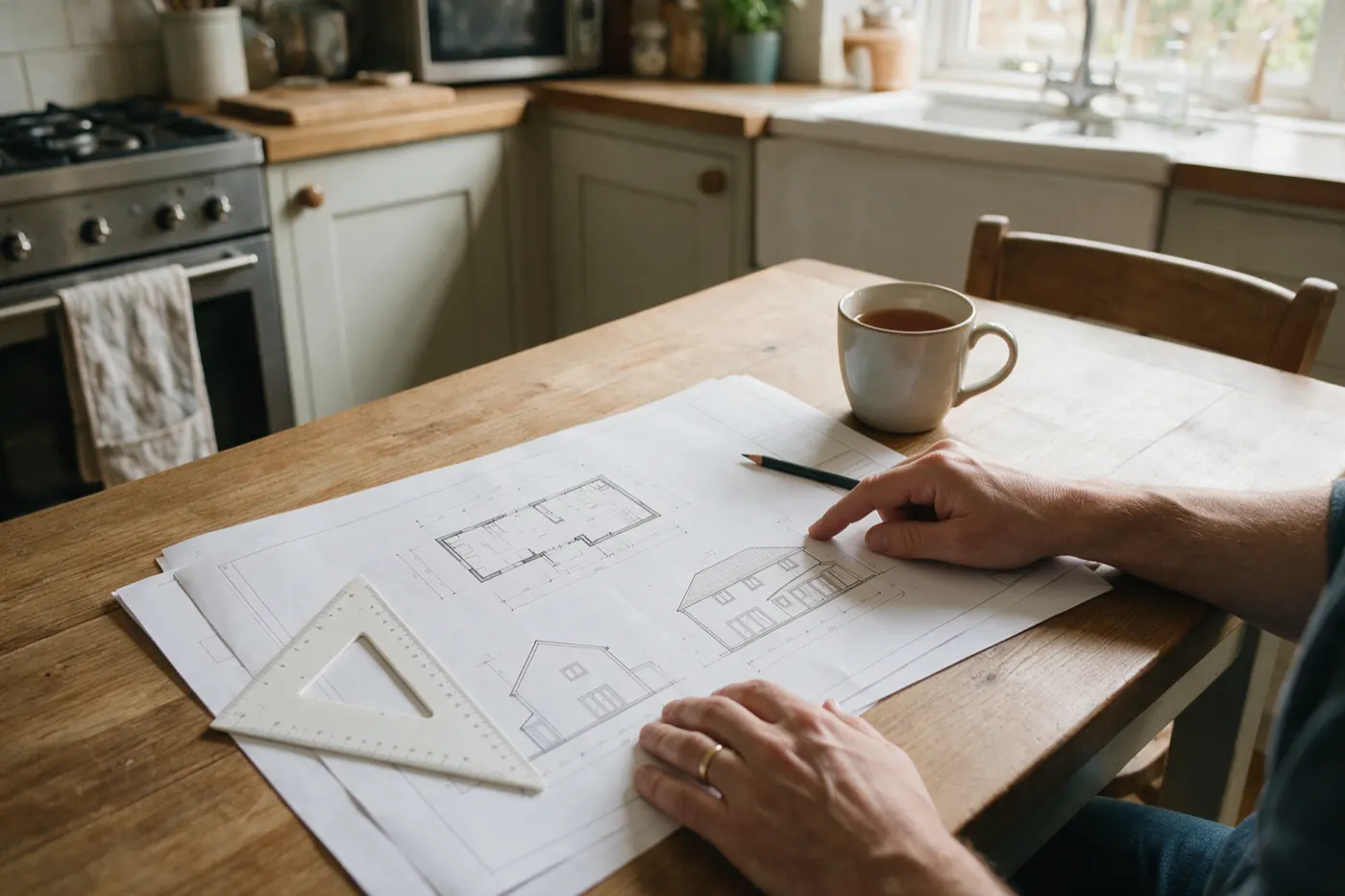 A homeowner's hands on printed drawings of a house extension, a floor plan and elevations, on a wooden kitchen table with a set square, a pencil and a mug of tea