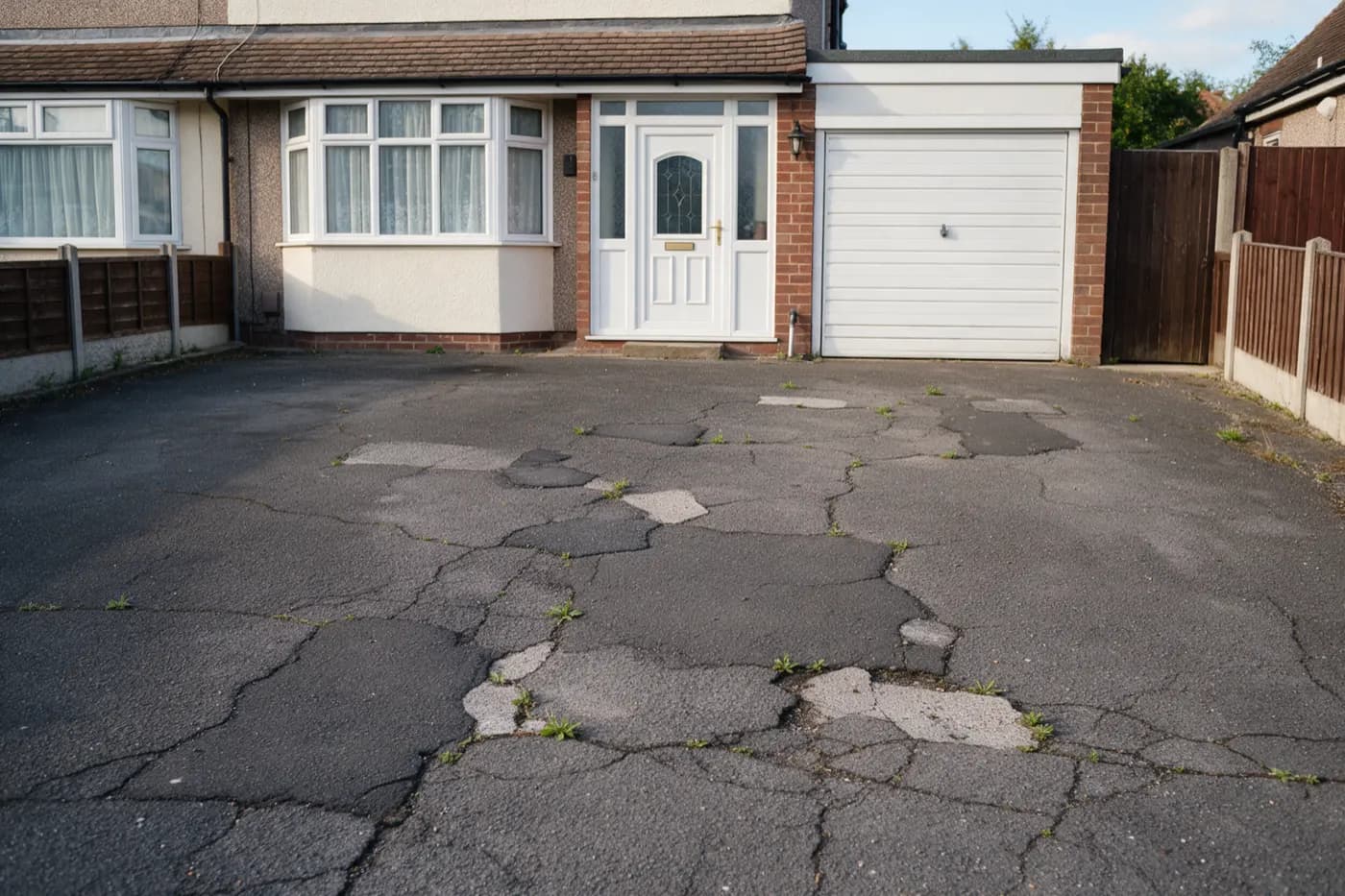 An old tarmac driveway, cracked and patched