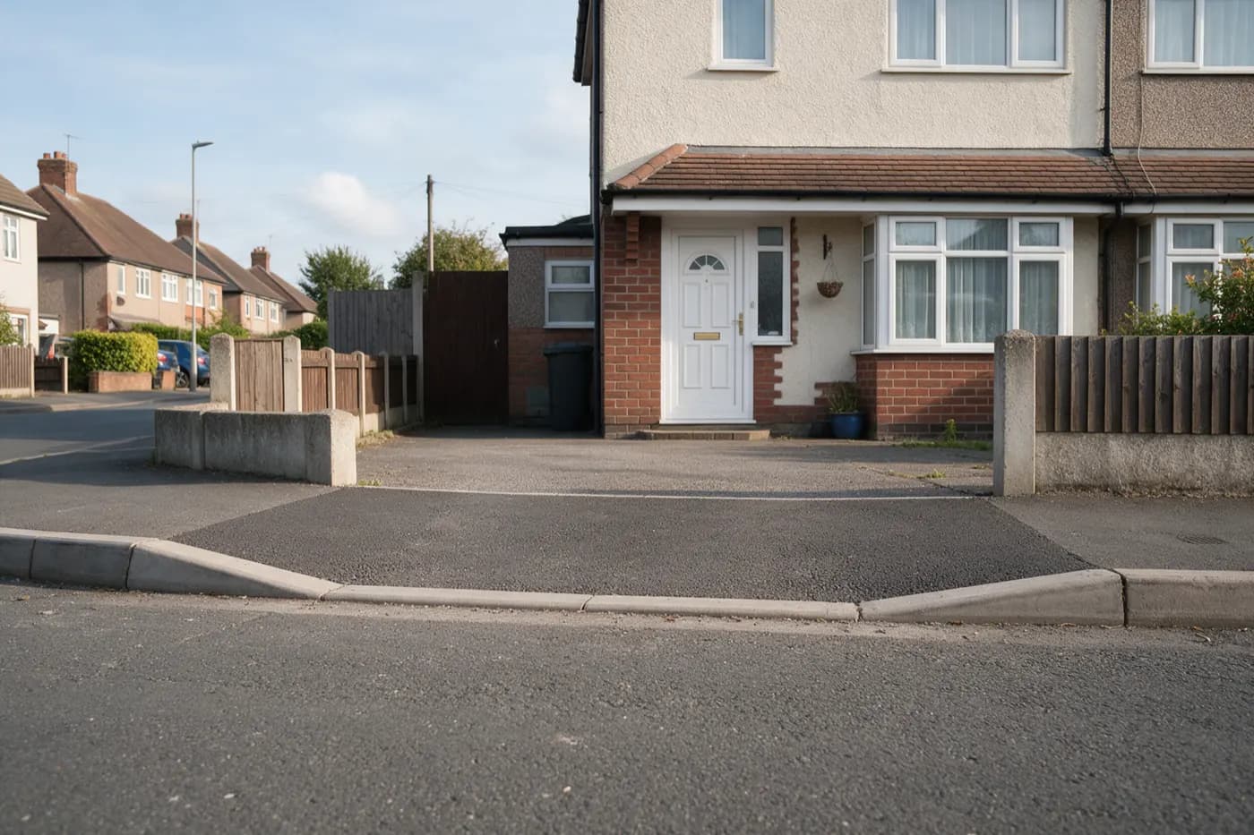 A dropped kerb in a pavement leading to a driveway