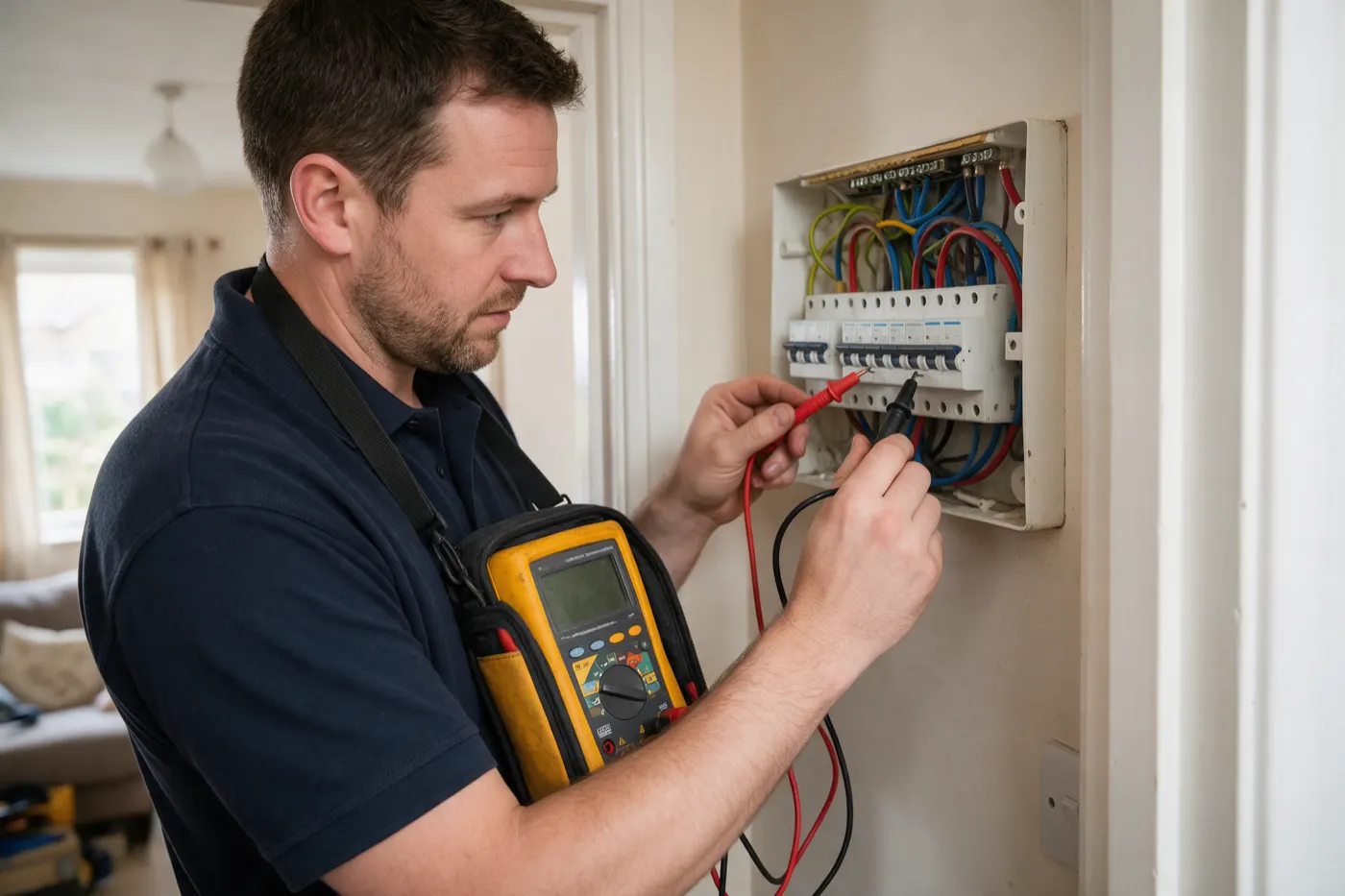 An electrician testing a consumer unit with a multifunction tester