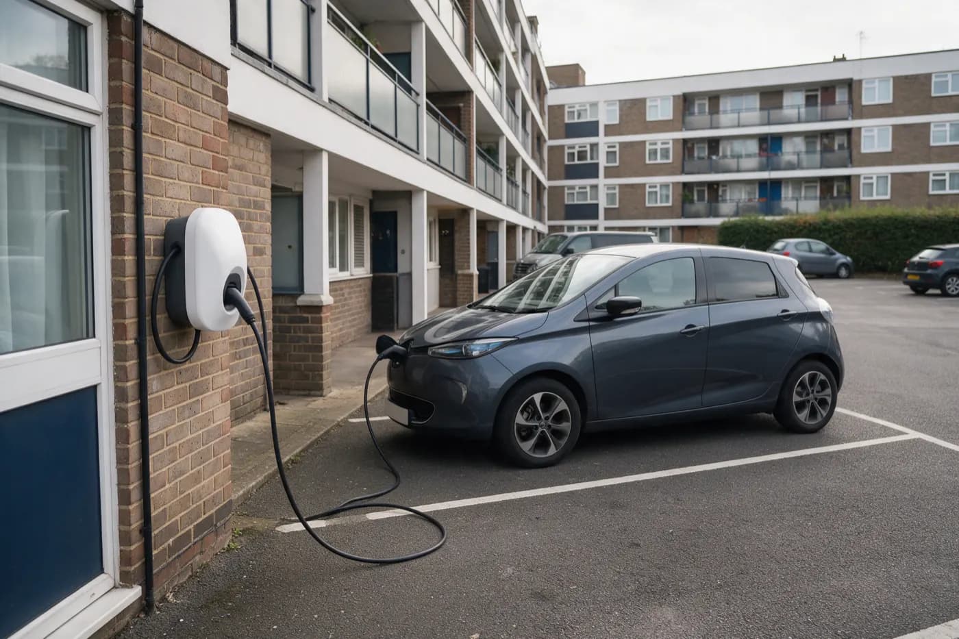 A white wall-mounted electric car charger on the brick wall of a block of flats, its cable plugged into the front of a dark grey electric hatchback parked in a marked bay in the residents' car park, with more flats and parked cars behind