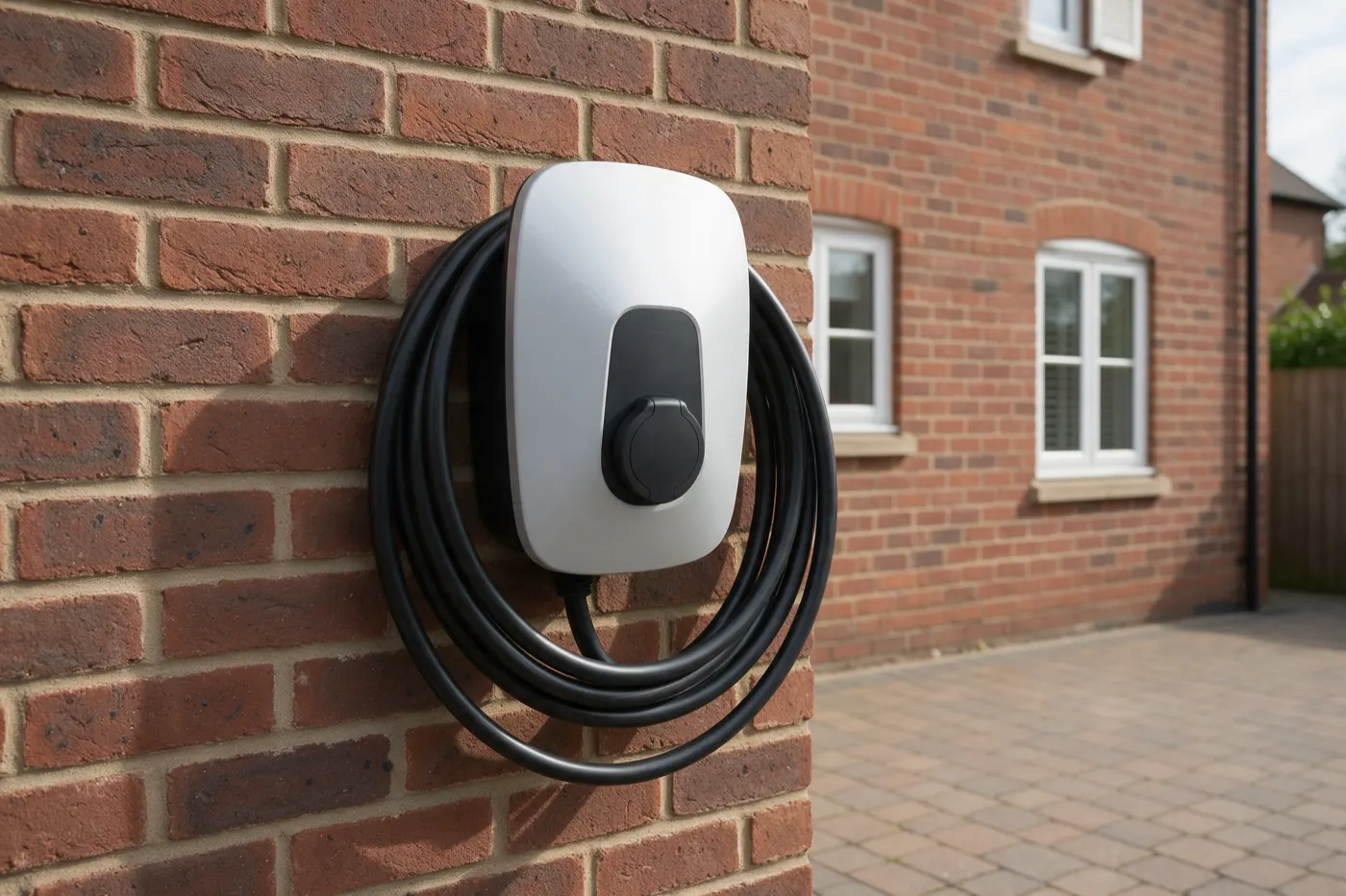 A wall-mounted electric car charger on a brick wall by a driveway