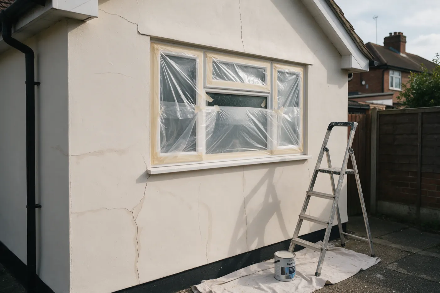 A rendered house wall ready for painting: the windows masked with tape and plastic, a step ladder and a tin of masonry paint on a dust sheet, and cracks still to be filled