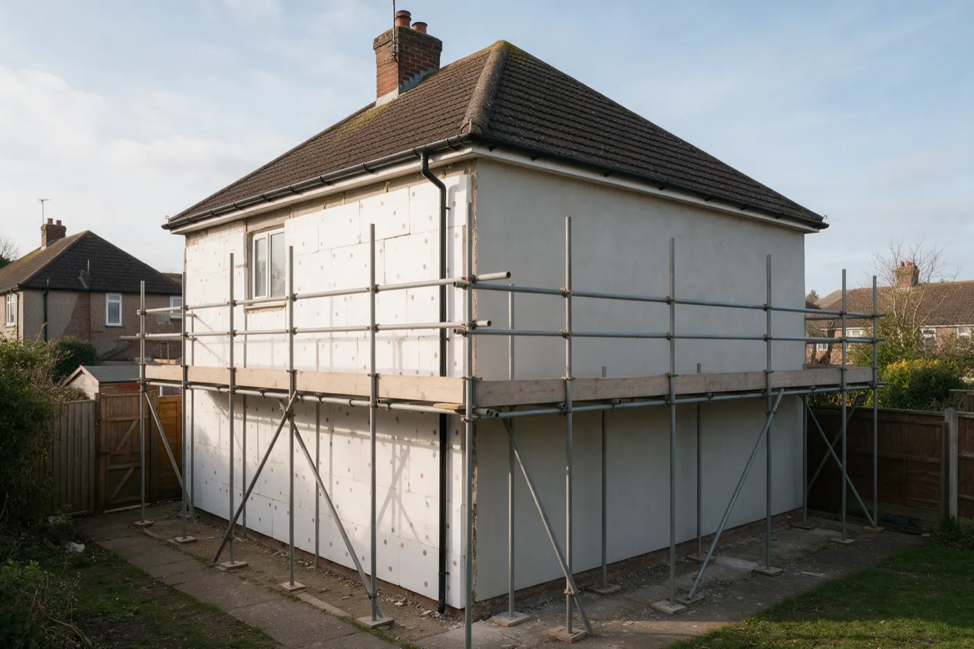 A house part way through external wall insulation, with boards fixed and some rendered