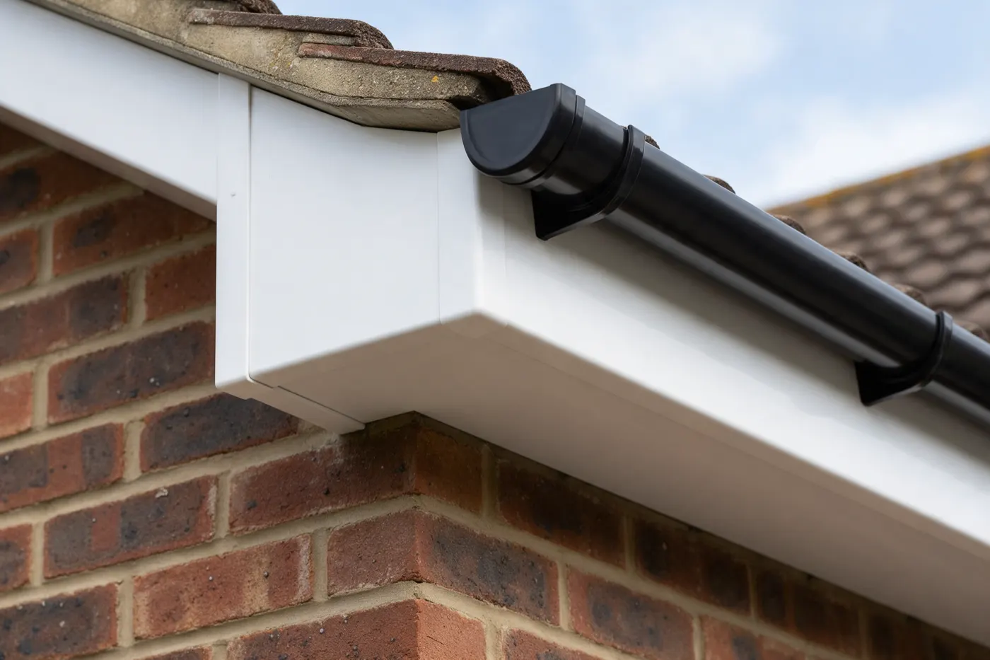 New white fascias and soffits with a black gutter at the eaves of a brick house