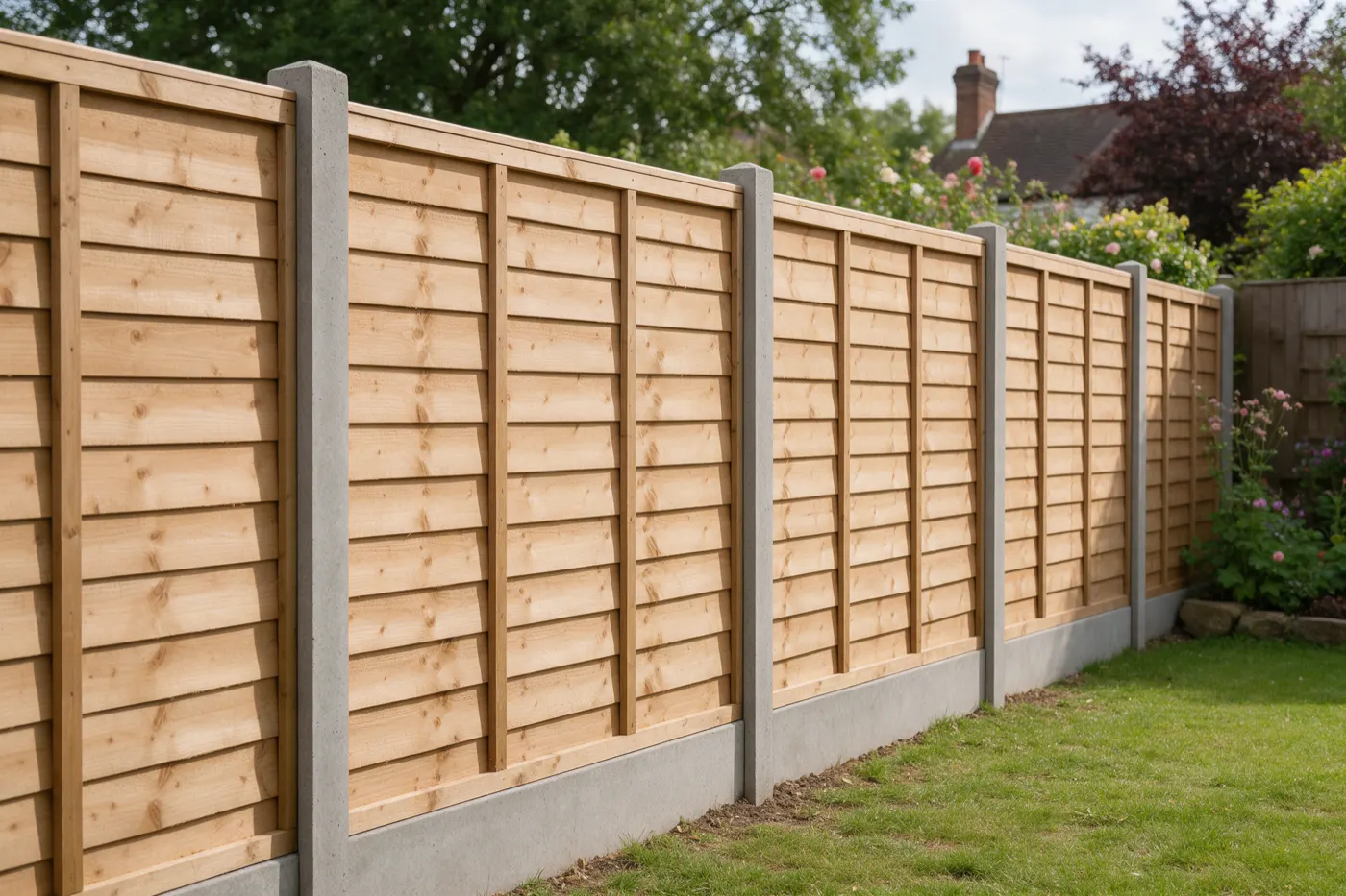 A new timber panel fence with grey concrete posts and concrete gravel boards along a garden