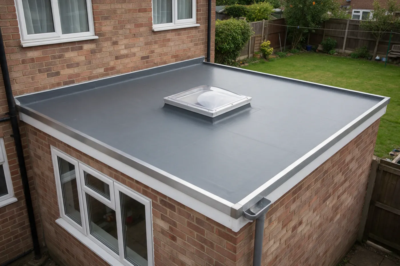 A new flat roof on a single-storey brick rear extension, seen from above: a smooth grey membrane in one sheet with aluminium edge trims, a domed rooflight in the middle and a downpipe at the corner, with a lawn and fences beyond
