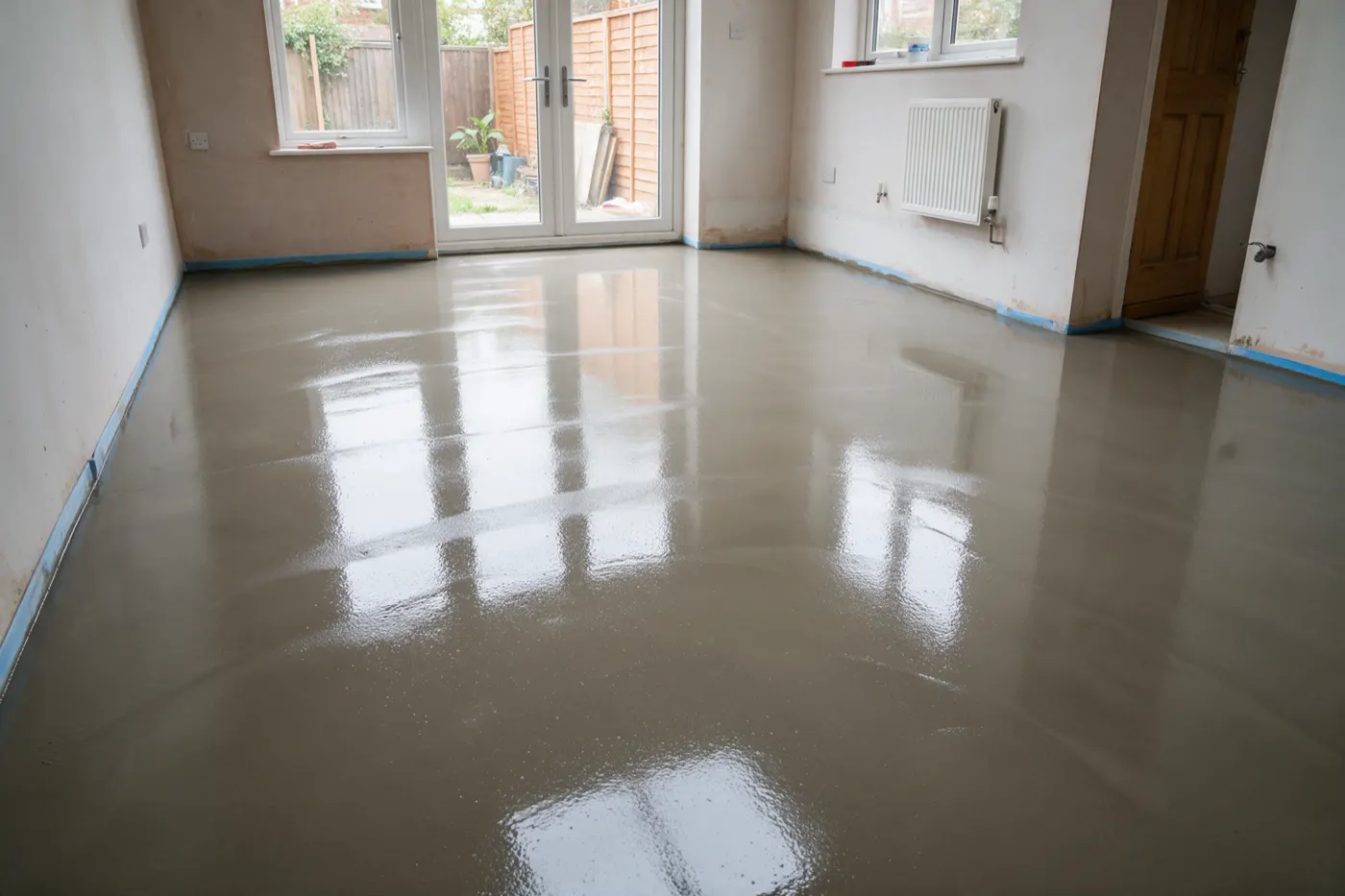 A freshly poured flowing screed floor