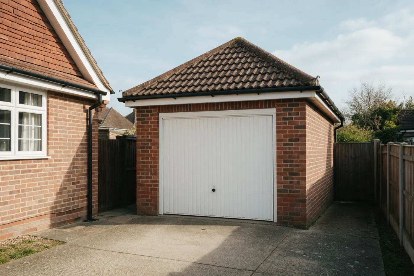 A detached brick garage with a pitched roof and an up-and-over door beside a house