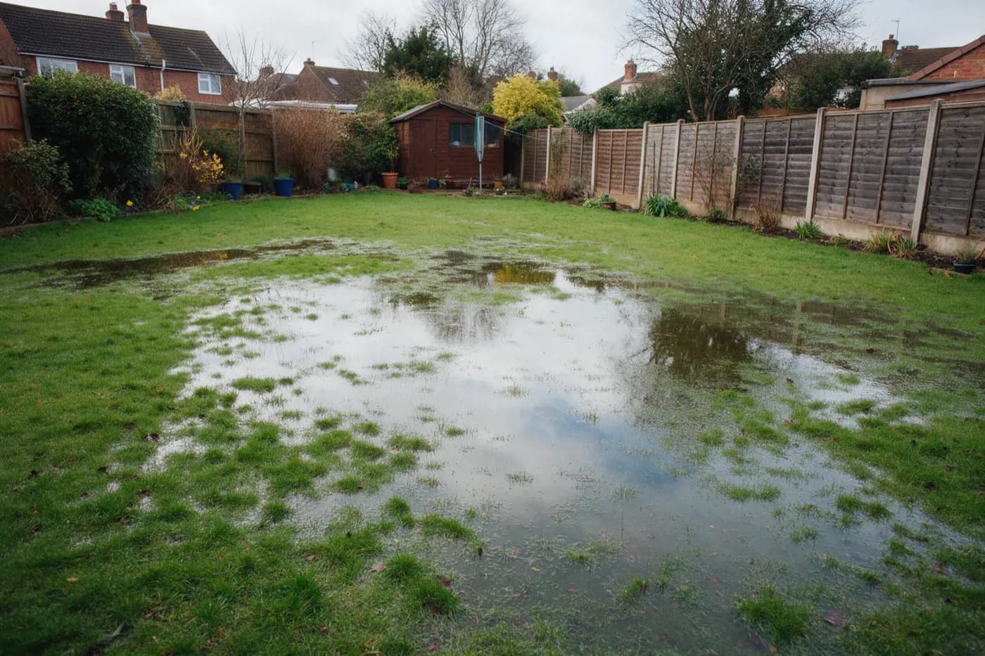 A waterlogged lawn with standing water