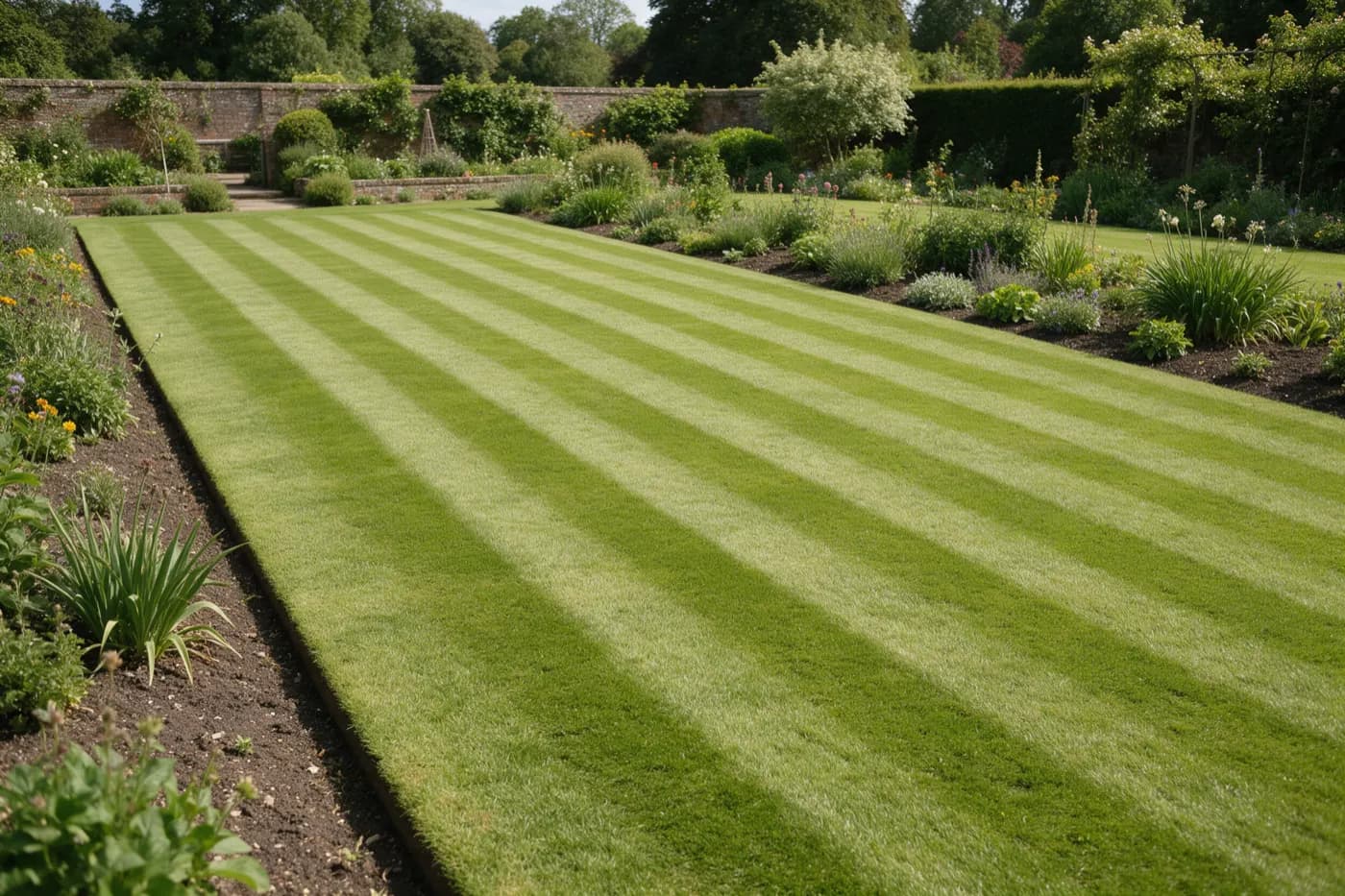 A freshly mown lawn with crisp edges and weeded borders