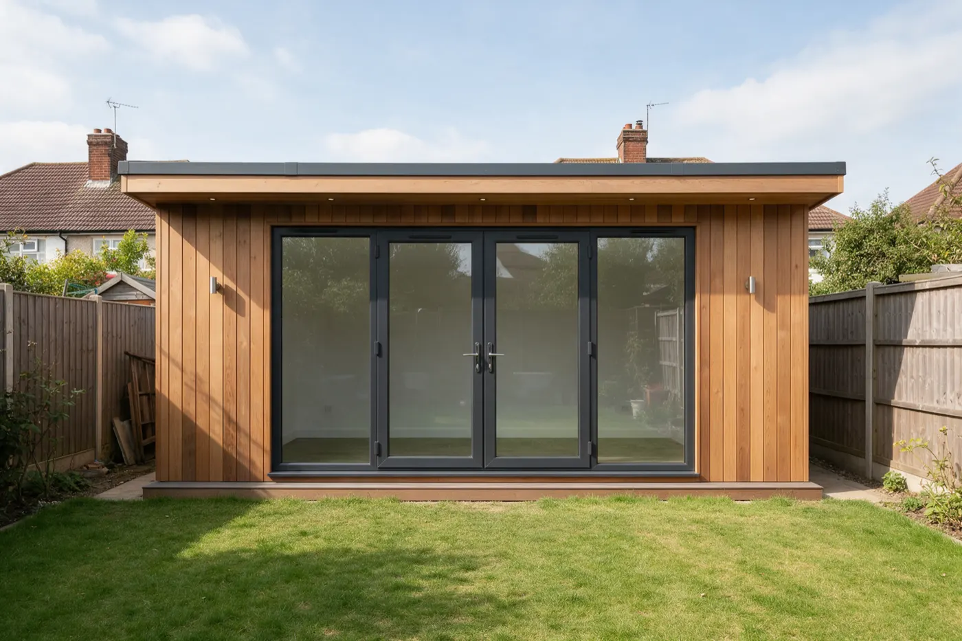 A timber-clad garden room with glass doors at the end of a lawn