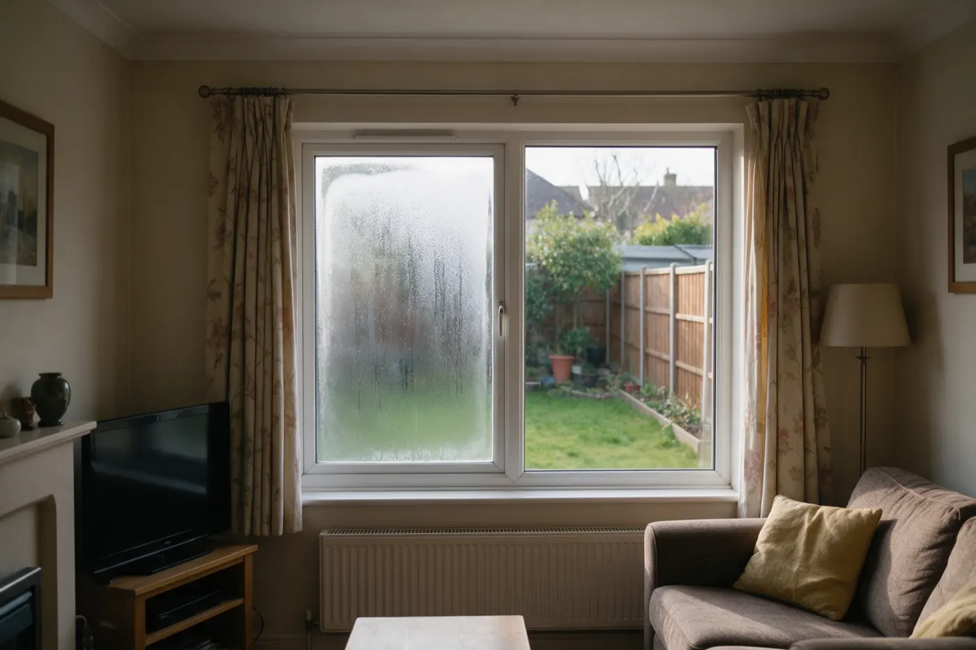A misted double-glazed unit with condensation trapped between the panes