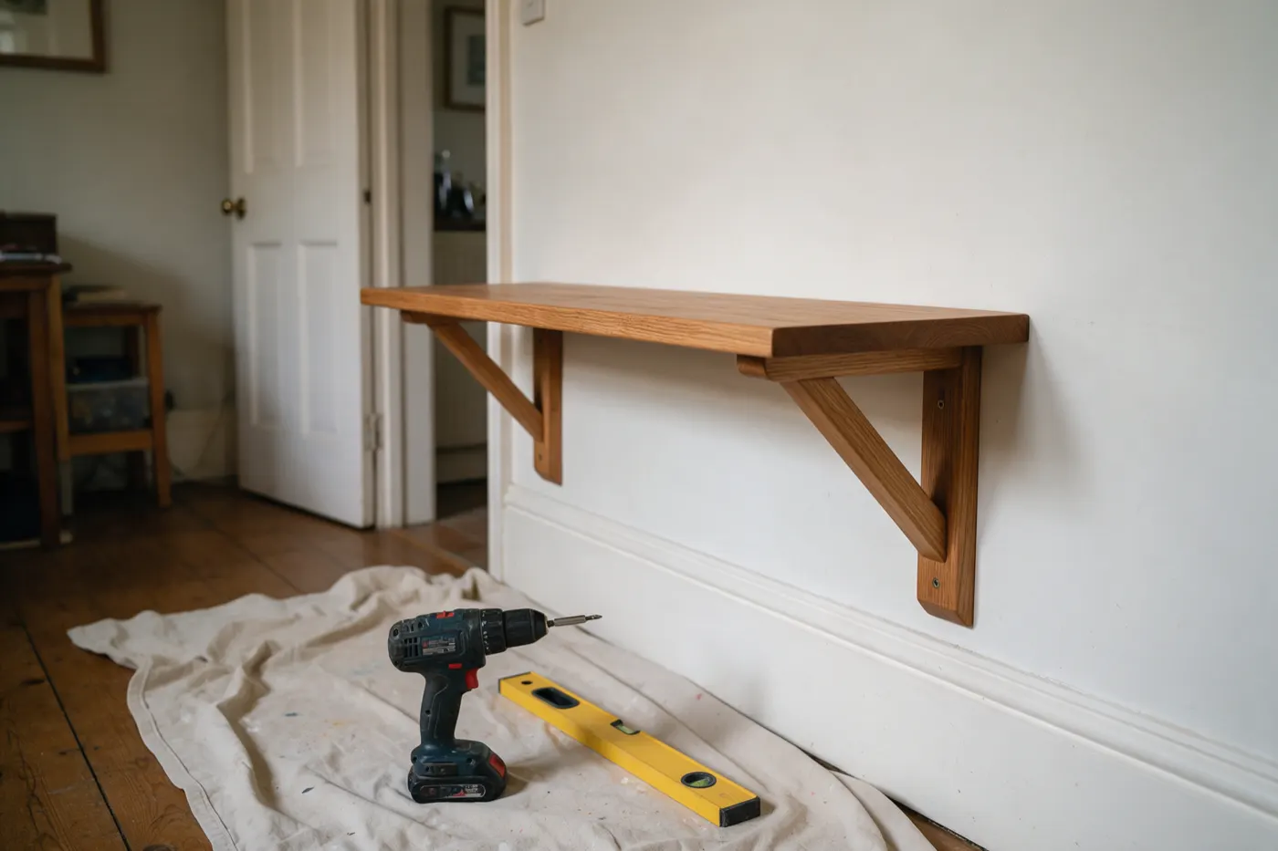 A newly fixed shelf with a drill and spirit level on the floor below