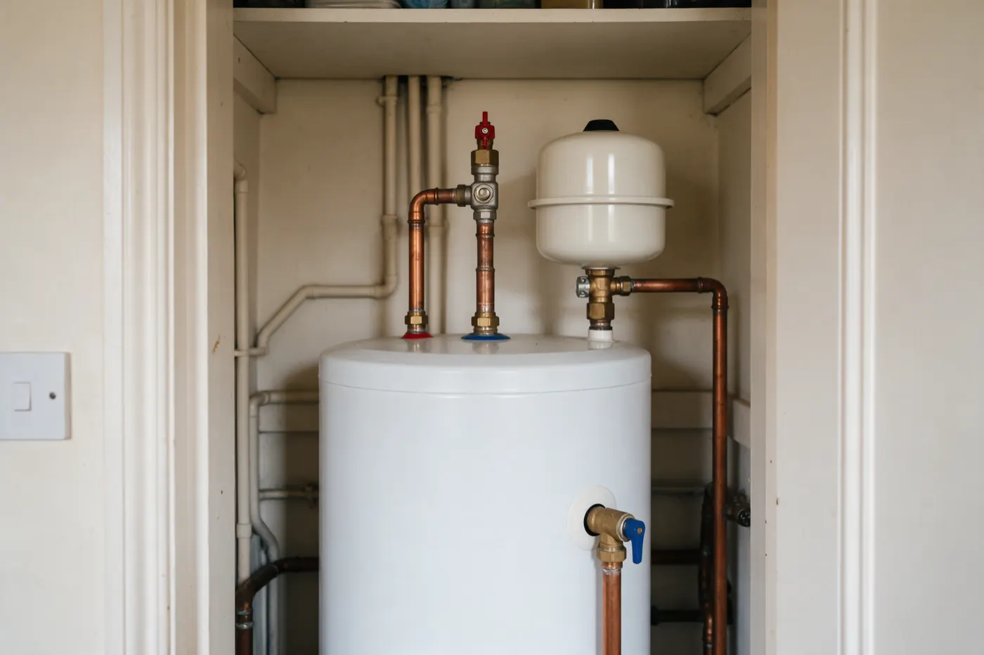 An unvented hot water cylinder with its expansion vessel in an airing cupboard