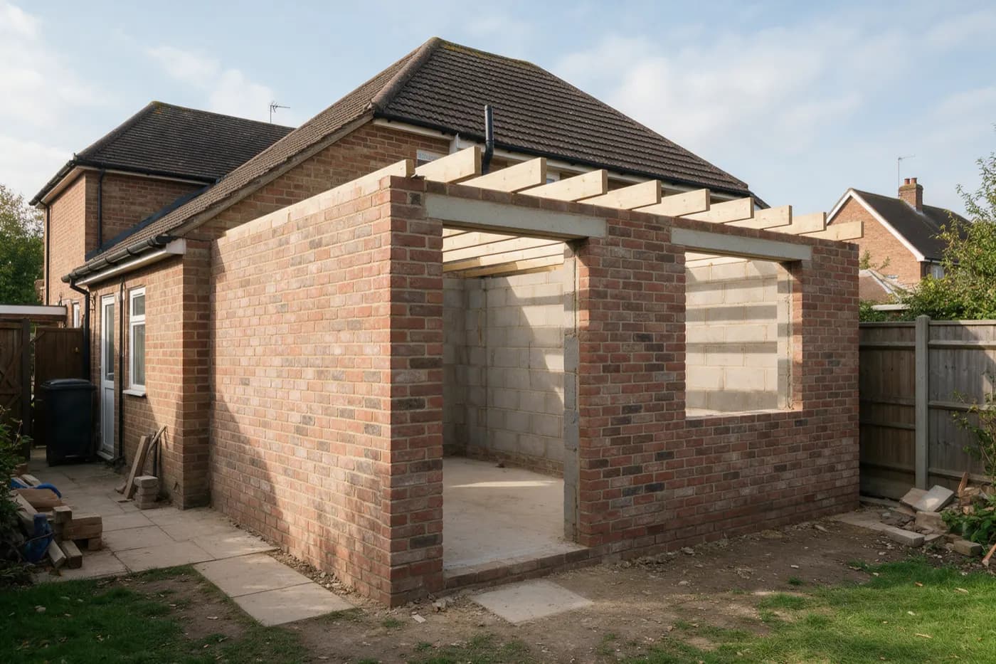 A rear extension under construction: blockwork walls, door and window openings and timber roof joists, before the roof goes on