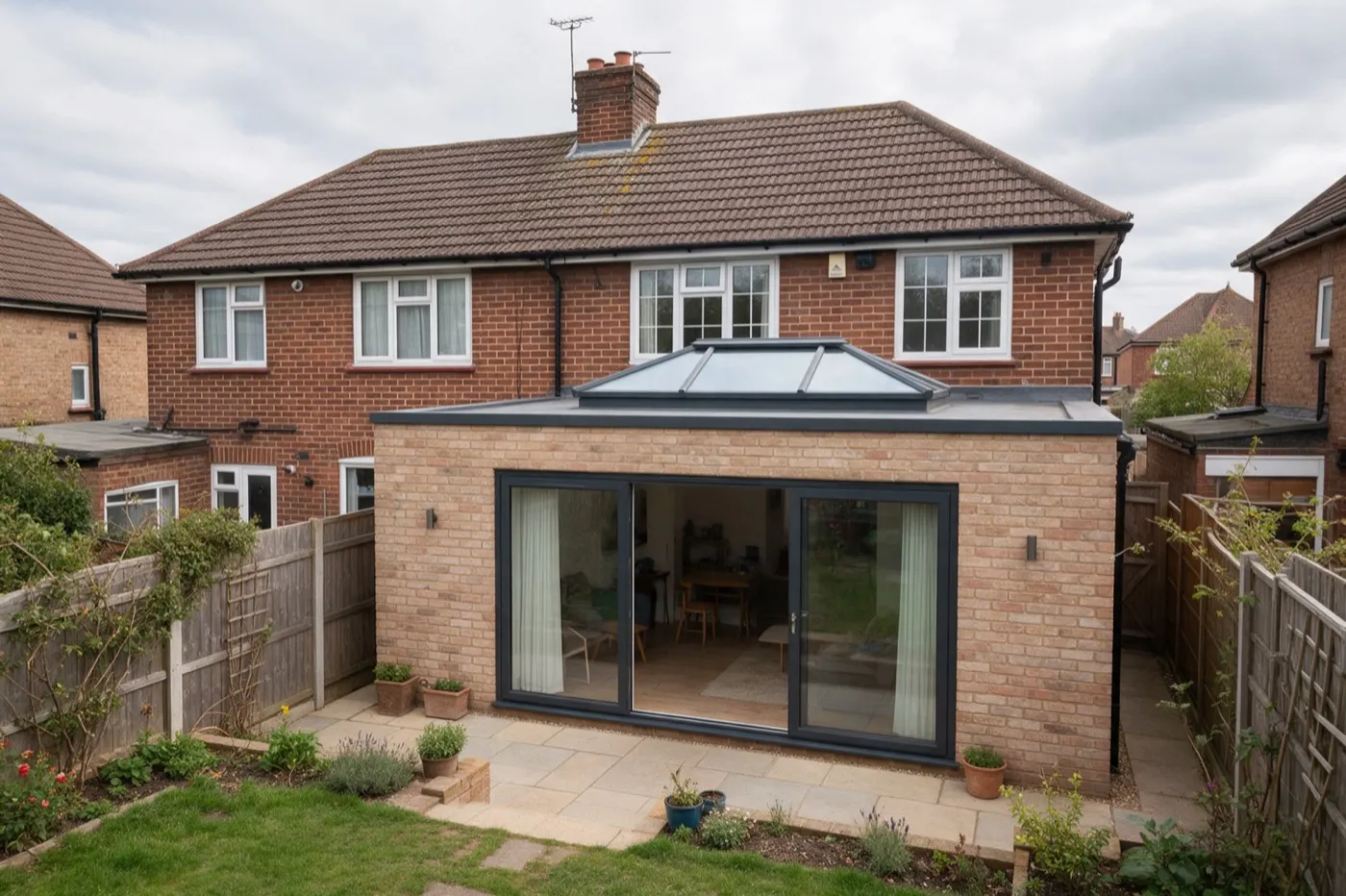 A single-storey rear extension with a roof lantern and sliding glass doors on a brick semi-detached house