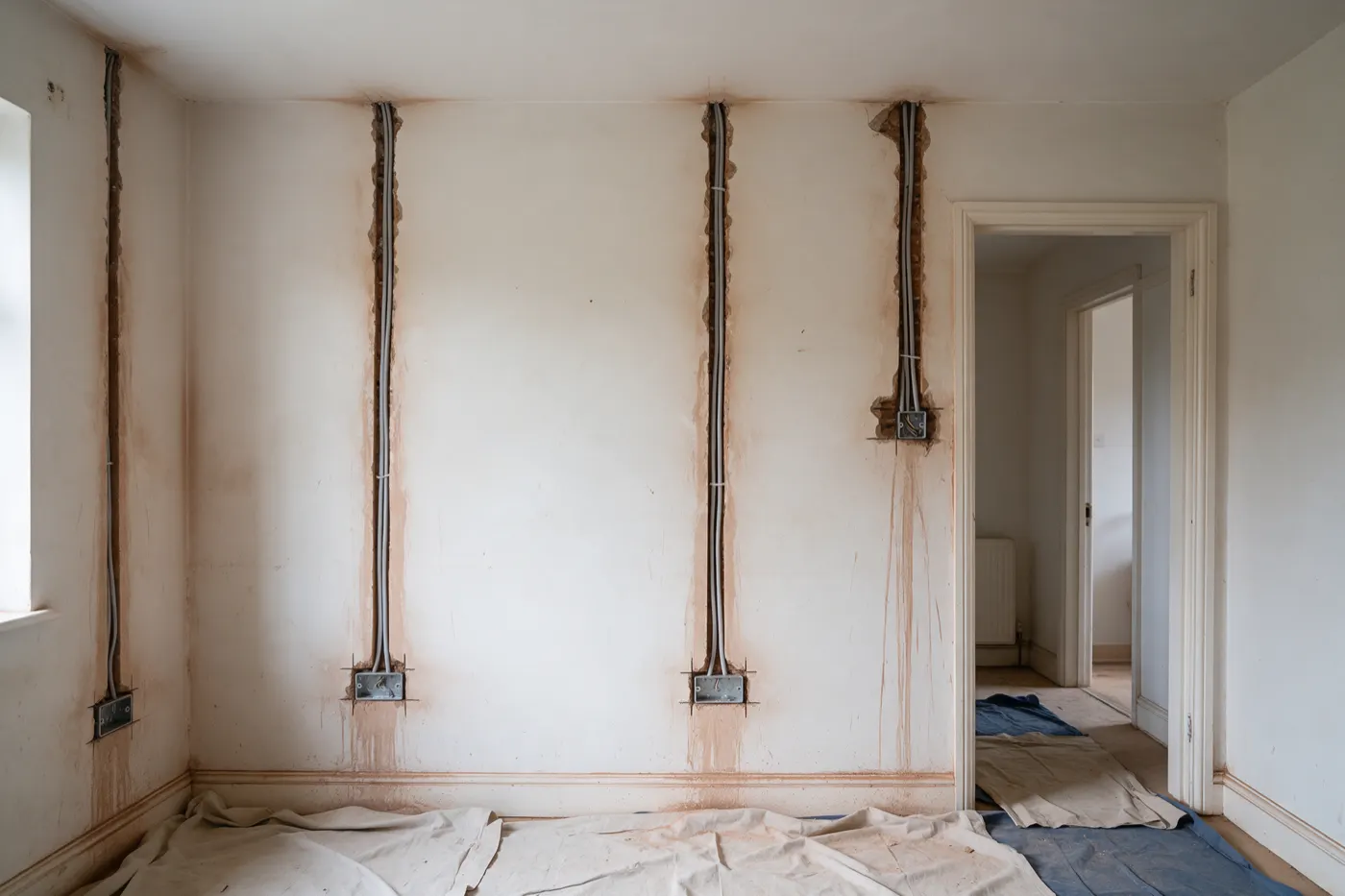 A room during a rewire, with chases cut in the plaster for new cables