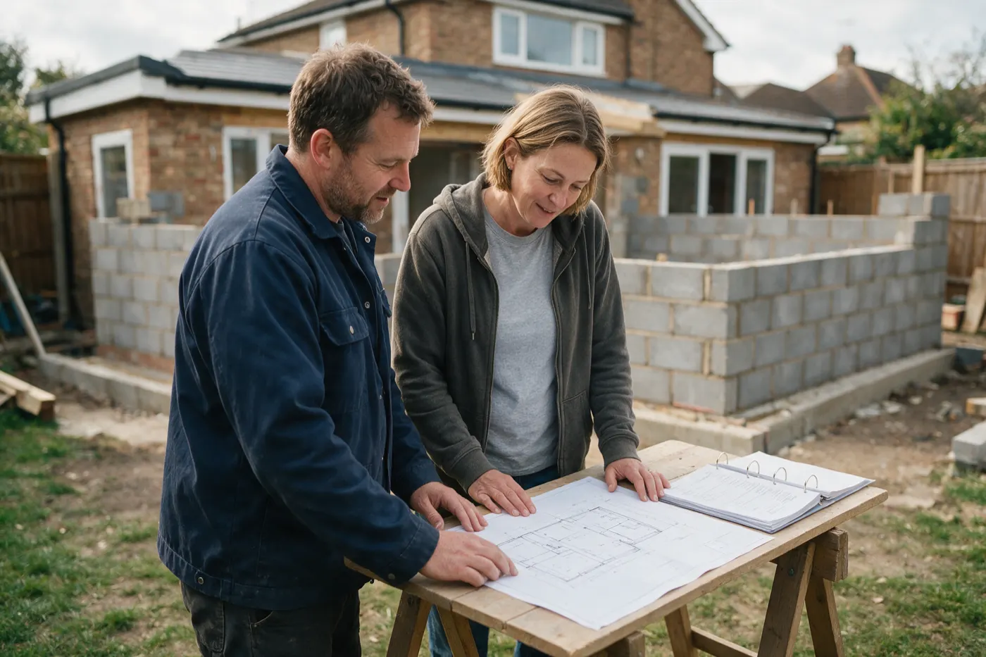 A builder in a navy work jacket and a homeowner looking over printed plans and a ring-bound quote on a trestle table, in front of a rear extension with blockwork walls part built