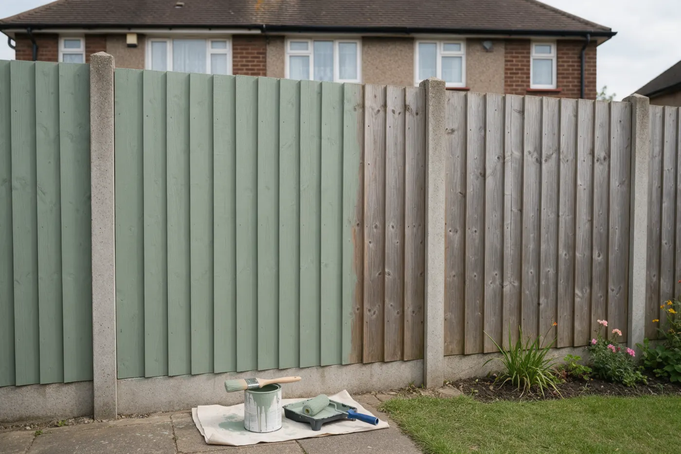 A garden fence of vertical timber boards between concrete posts, half painted in sage green and half still weathered bare wood, with a paint tin, brush, roller and tray on a dust sheet on the patio, a lawn and flower border beside it and brick semi-detached houses behind