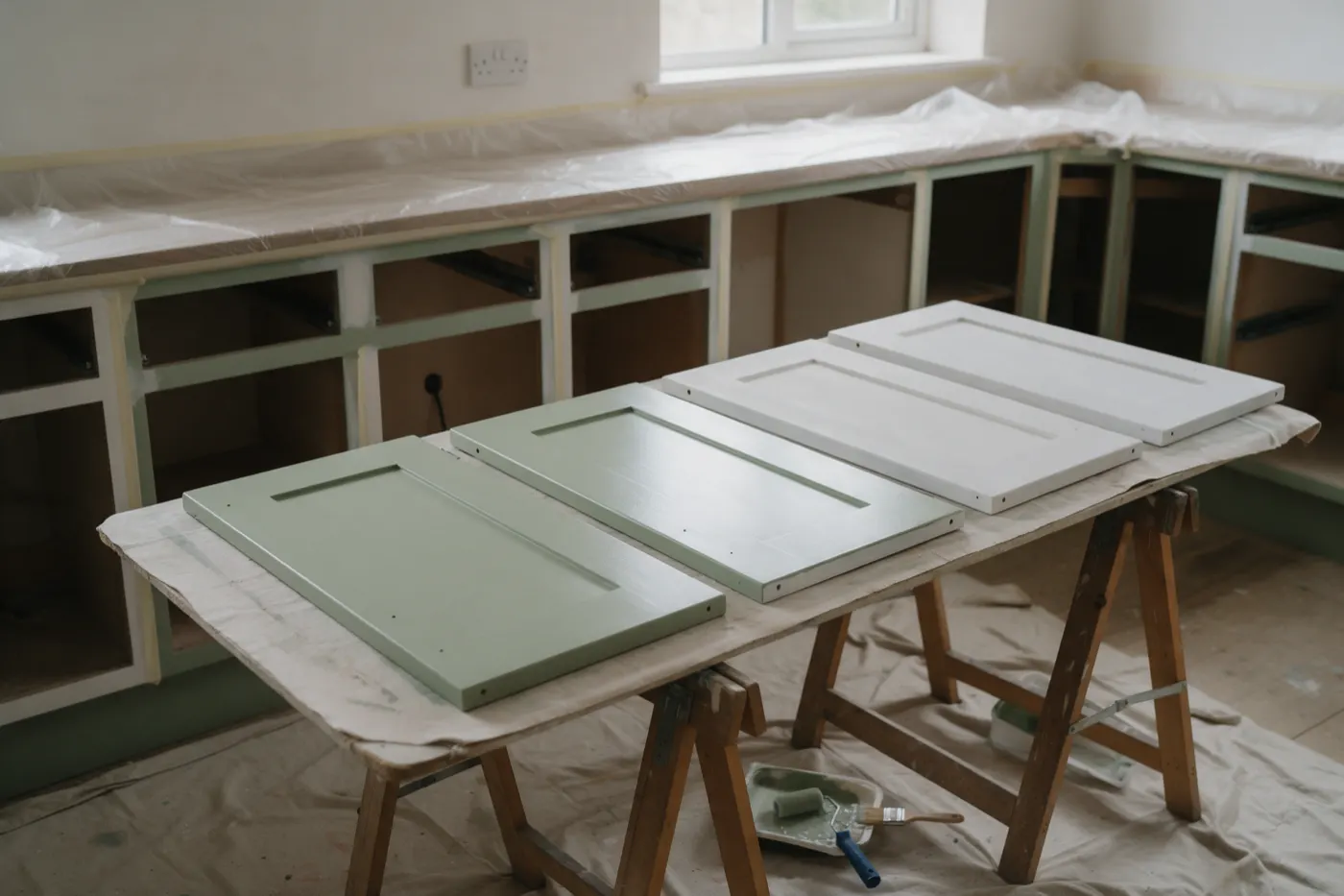 Four shaker-style kitchen cupboard doors with their handles and hinges removed, lying flat on a dust-sheeted board across two trestles, two painted sage green and two in white primer, with a paint tray, mini roller and brush on the floor and the doorless base units behind, worktop covered in plastic sheeting