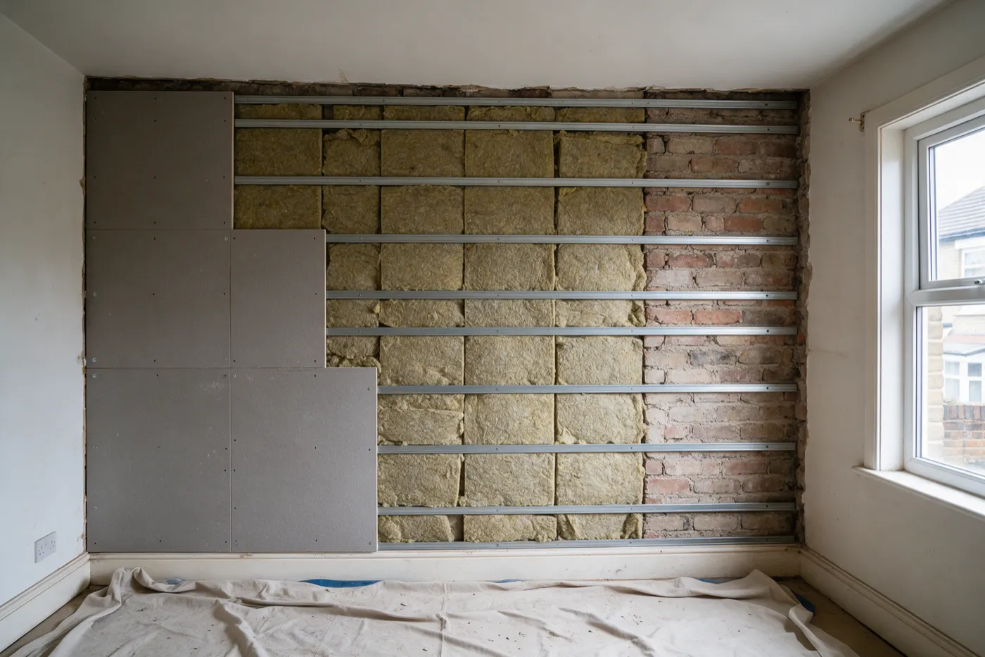 A party wall in a terraced house stripped back to brick, with horizontal metal resilient bars fixed across it, acoustic mineral wool slabs between the bars and the first grey acoustic boards fixed on at the left, a dust sheet on the floor and a window to the right