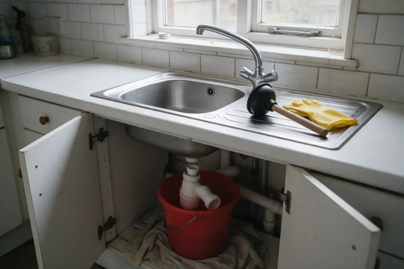 A stainless steel kitchen sink under a window with the cupboard doors below open, a white plastic bottle trap taken off and sitting in a red bucket on an old towel, the open waste pipe above it, and a sink plunger and yellow rubber gloves on the draining board