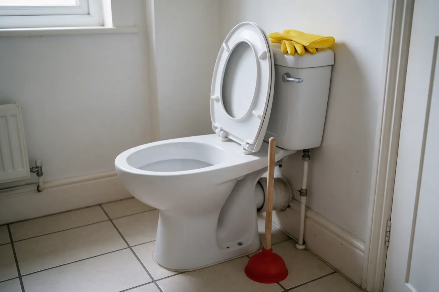 A white close-coupled toilet with the seat up in a tiled British bathroom, a red rubber toilet plunger with a wooden handle standing beside it and yellow rubber gloves on the cistern