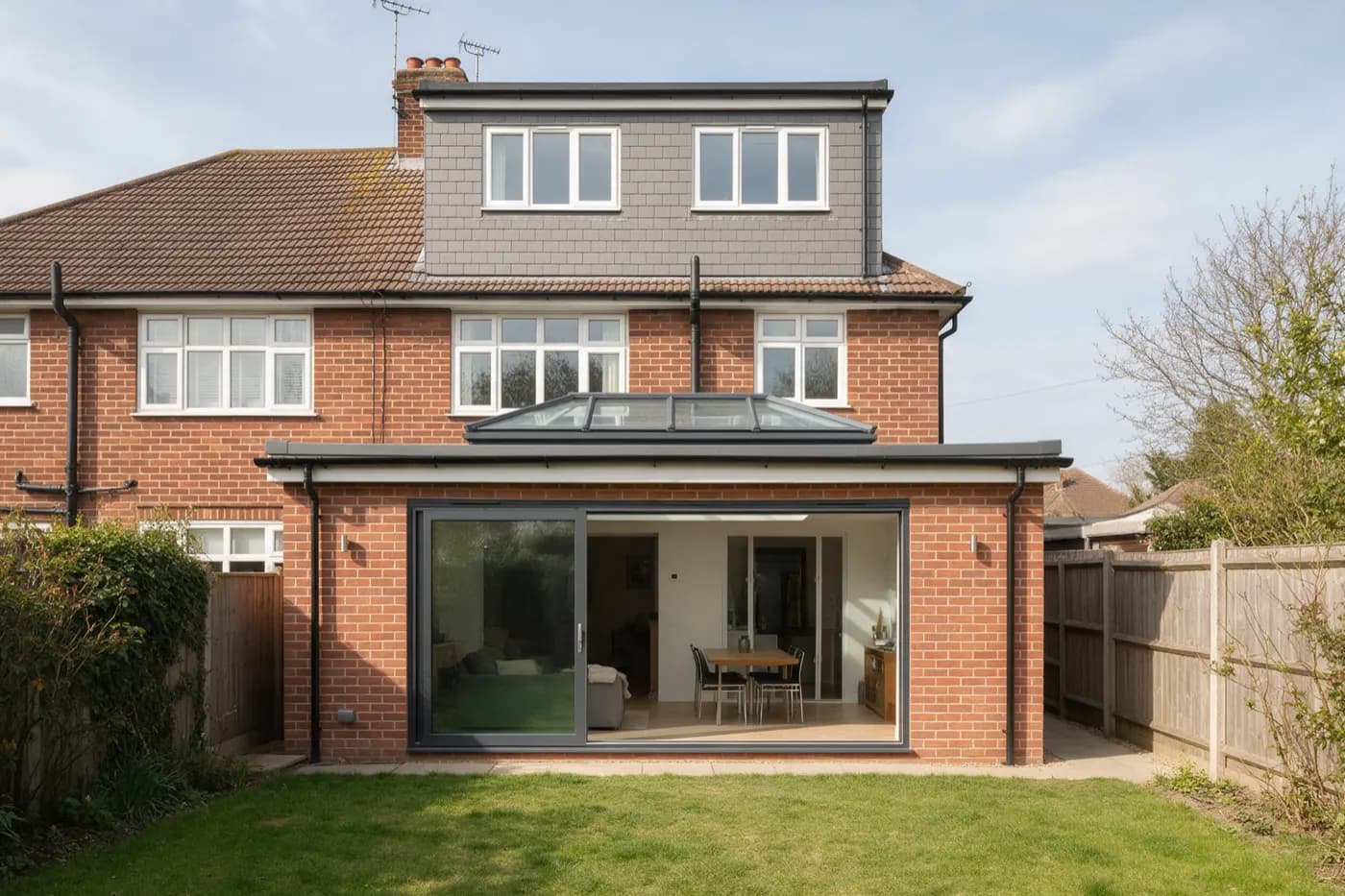 The back of a 1930s brick semi-detached house with a single-storey rear extension and a dormer loft conversion above