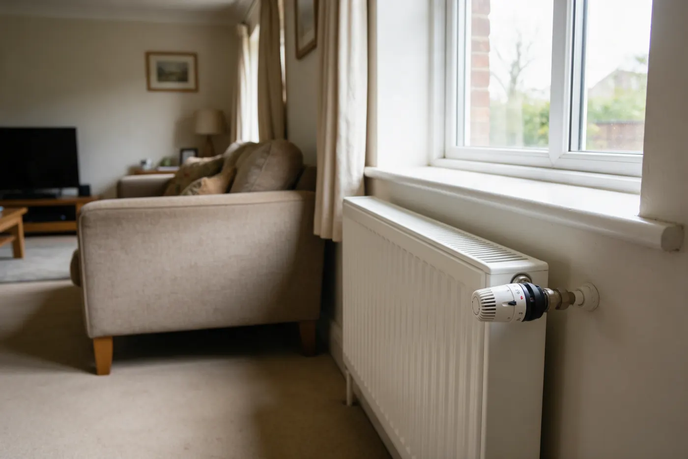 A white radiator under a window in a living room