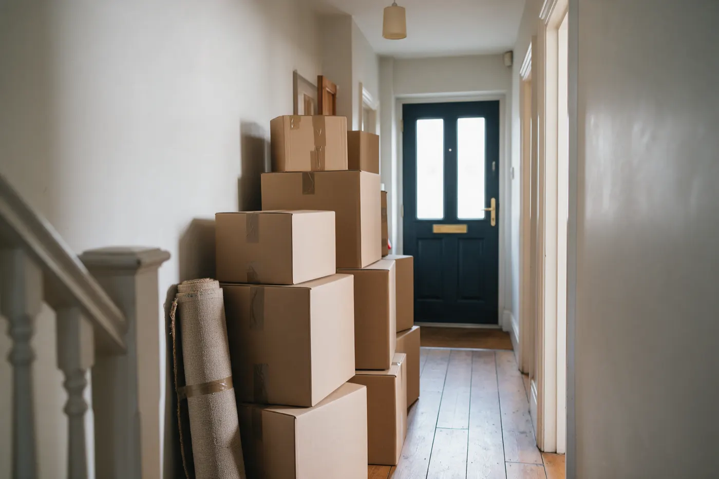Moving boxes stacked in a hallway