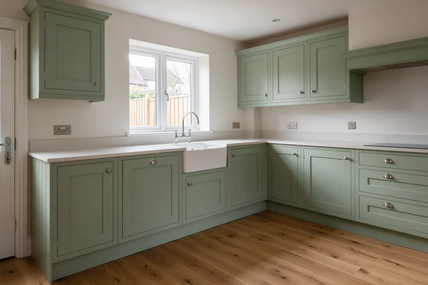 A new kitchen with sage green shaker units and a pale worktop