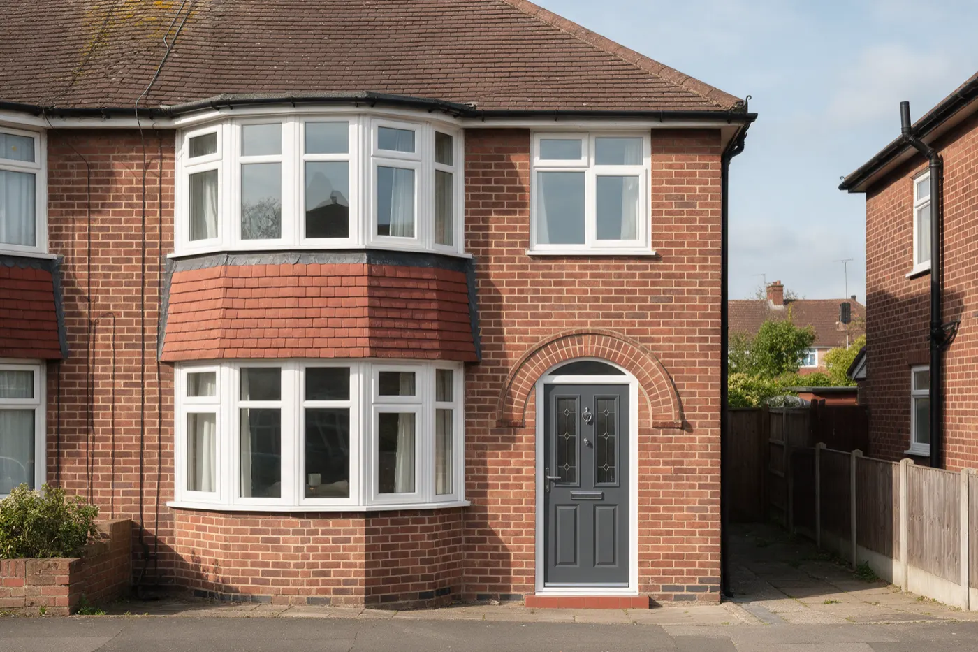 The front of a semi-detached house with new white windows and a grey front door